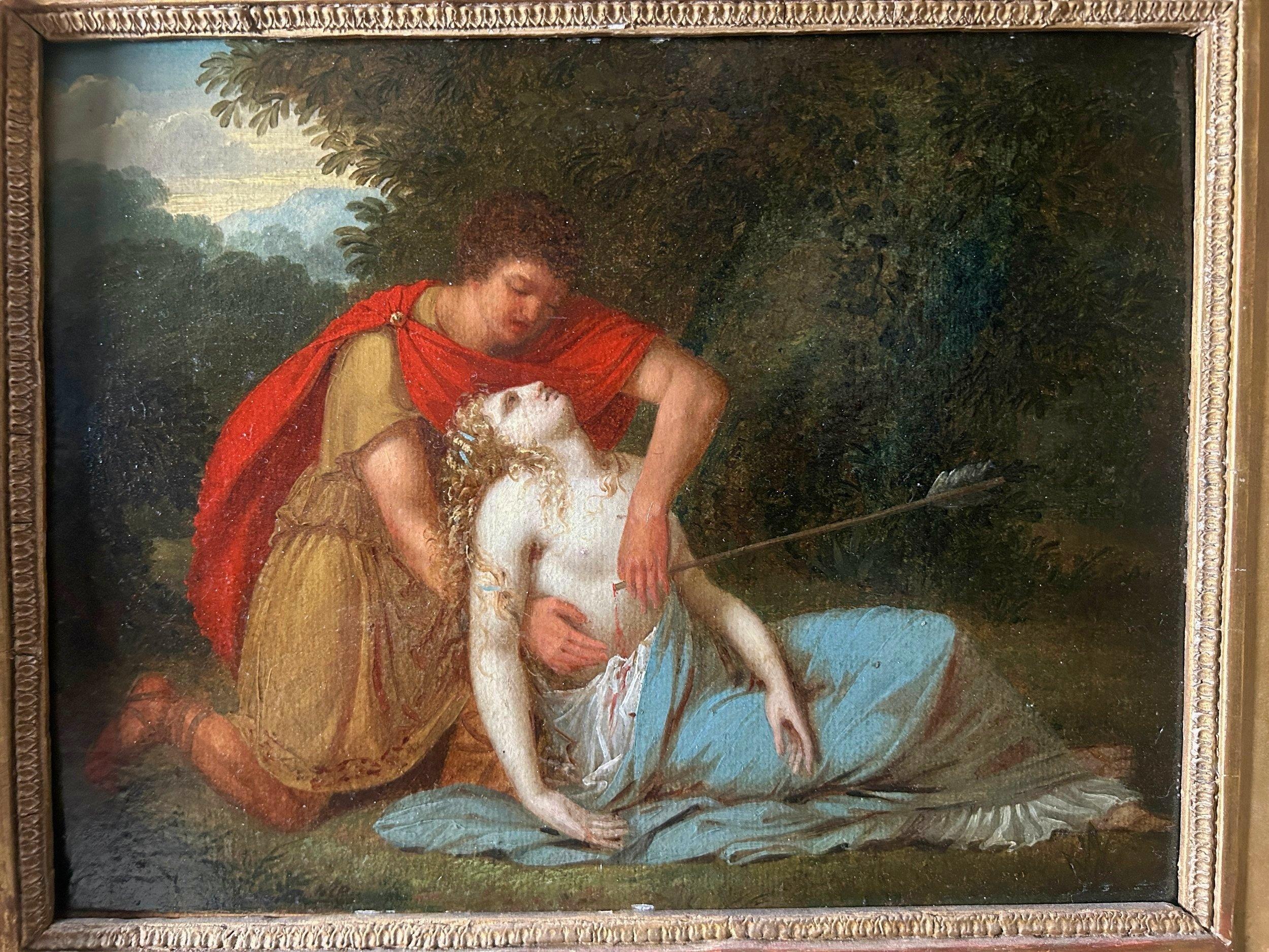 19th Century Oil Painting Attributed to Charles Meynier - The Death of Procris (Geschnitzt) im Angebot