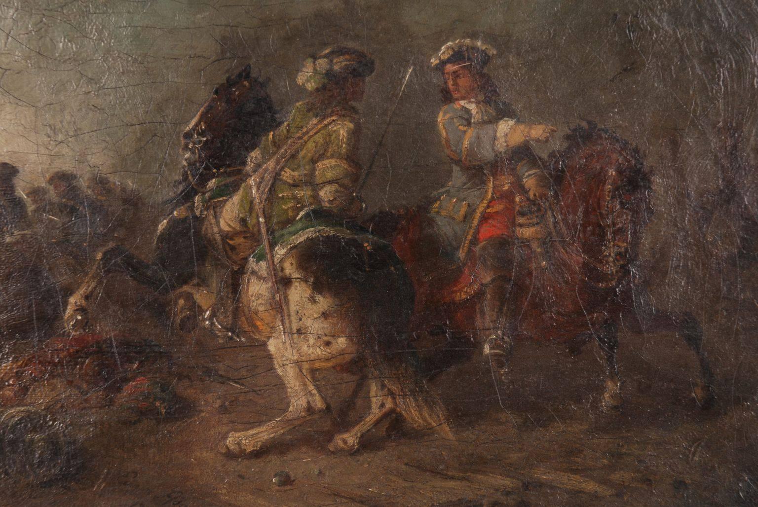 Oil painting battle scene of Adam Eugen (1817-1880).
Oil on canvas. Military scene from the time of the Spanish War of Succession, signed and dated Eugen Adam, 1878.

Measures in cm:
26 x 37 cm without frame.

(S-92).