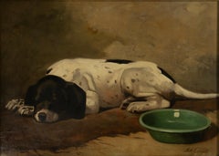 19th Century Oil Painting - Bernard te Gempt - Sleeping Dog - Oil on Panel