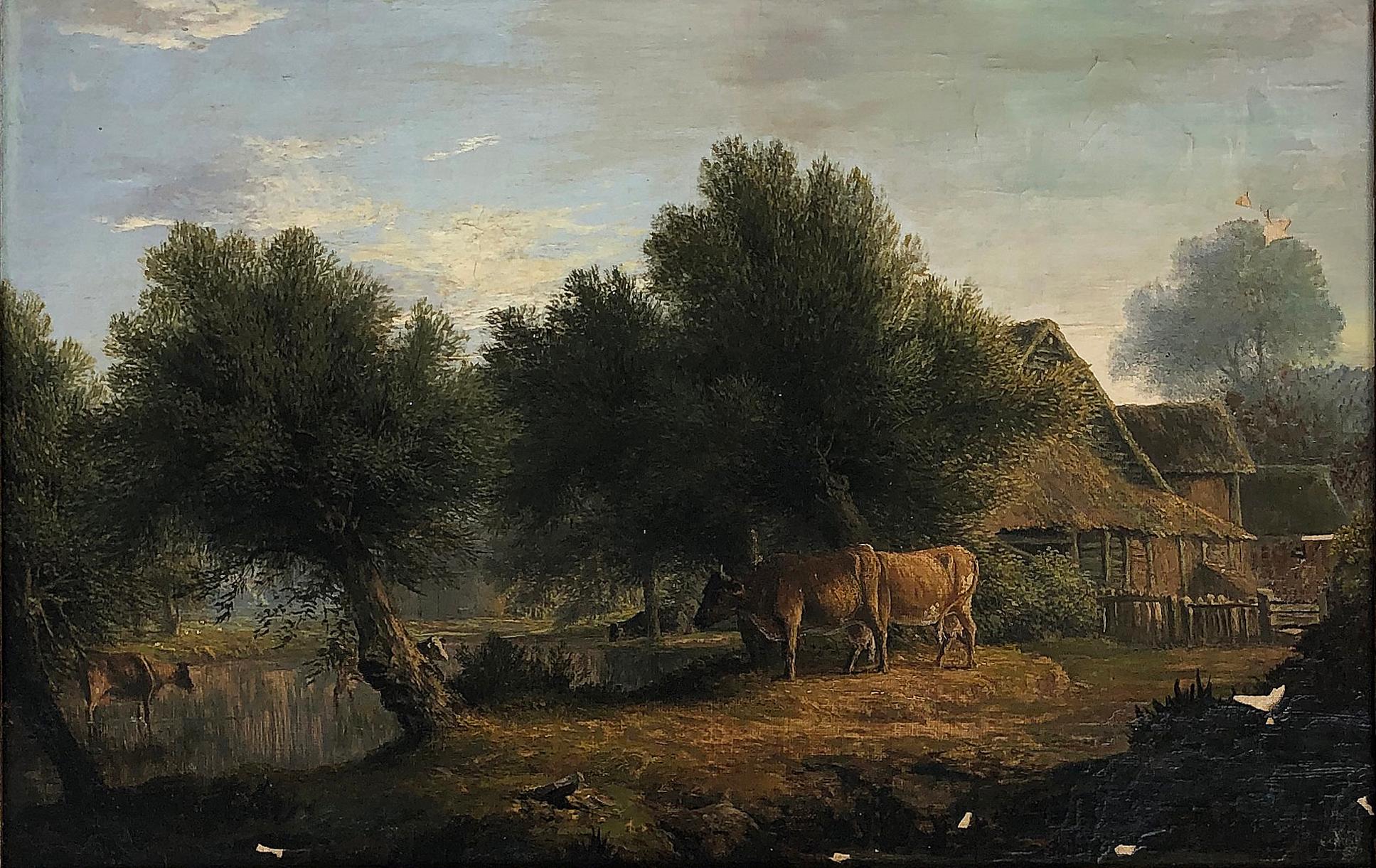 19th century oil painting by Artist James Stark (1794-1859)

Offered is a 19th-century pastoral oil painting on canvas depicting cows in the countryside. The painting is signed on verso and retains an auction house lot number. The painting is