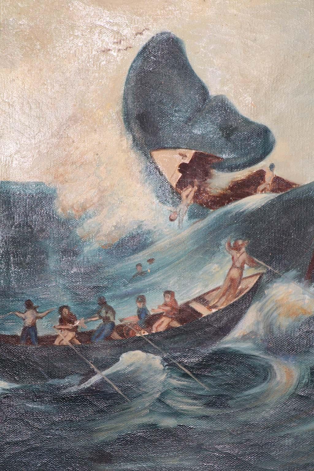 This painting is a famous painting of a print first issued in 1835, believed to be the first indigenous American Whaling Print. It is derived from a sketch by a whaleman Cornelius Hulsart, Who lost and arm on the whaler 