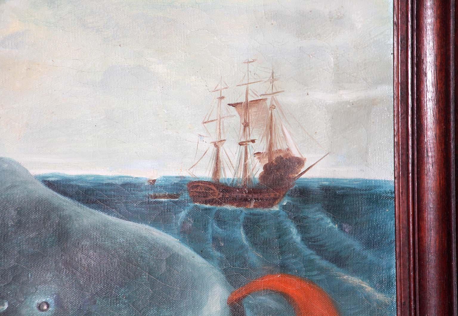 American 19th Century Oil Painting Capturing a Sperm Whale