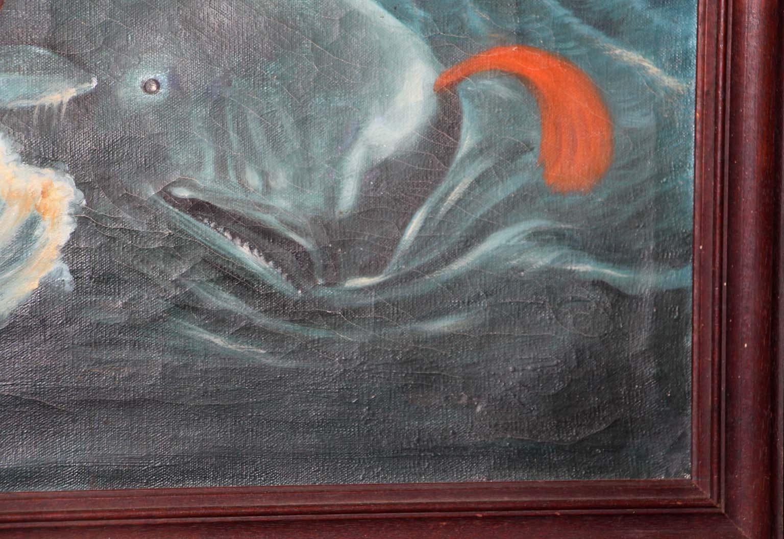19th Century Oil Painting Capturing a Sperm Whale In Distressed Condition In Sag Harbor, NY