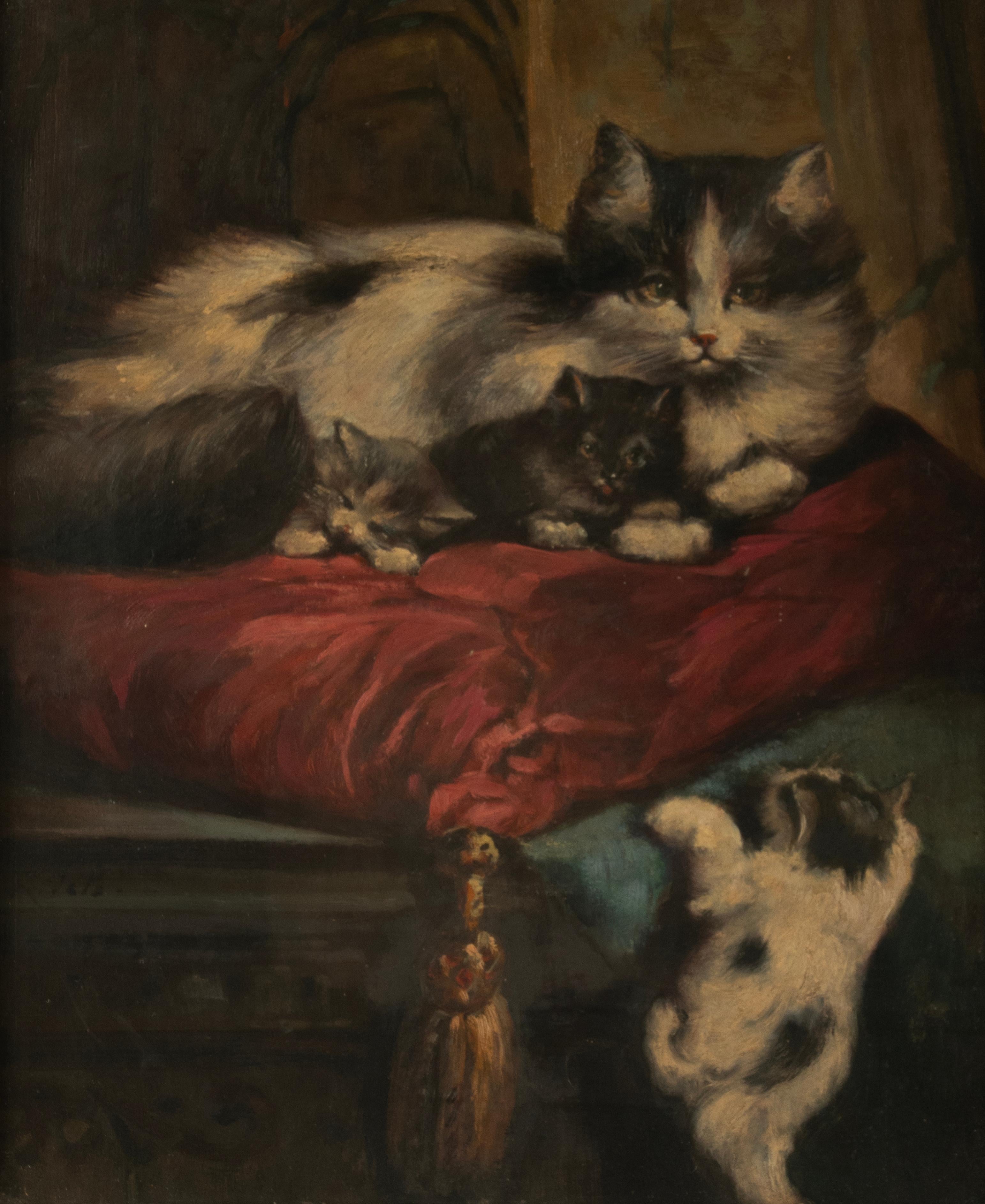 Ölgemälde des 19. Jahrhunderts  - Katzen mit Kätzchen (Belle Époque) im Angebot