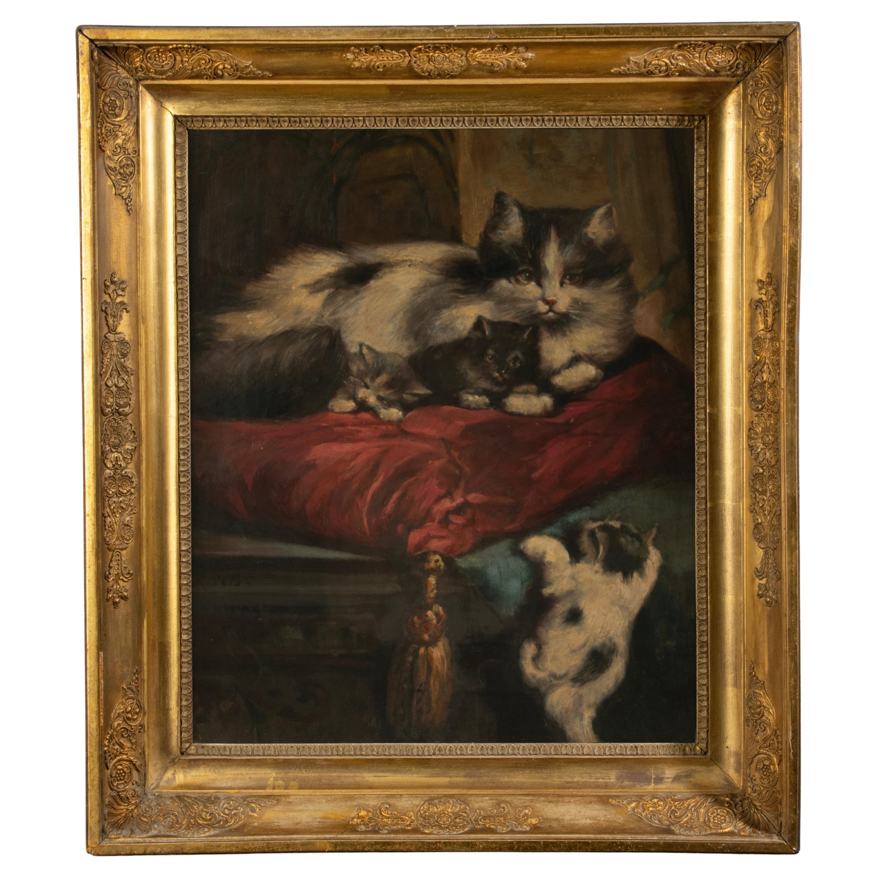 Ölgemälde des 19. Jahrhunderts  - Katzen mit Kätzchen