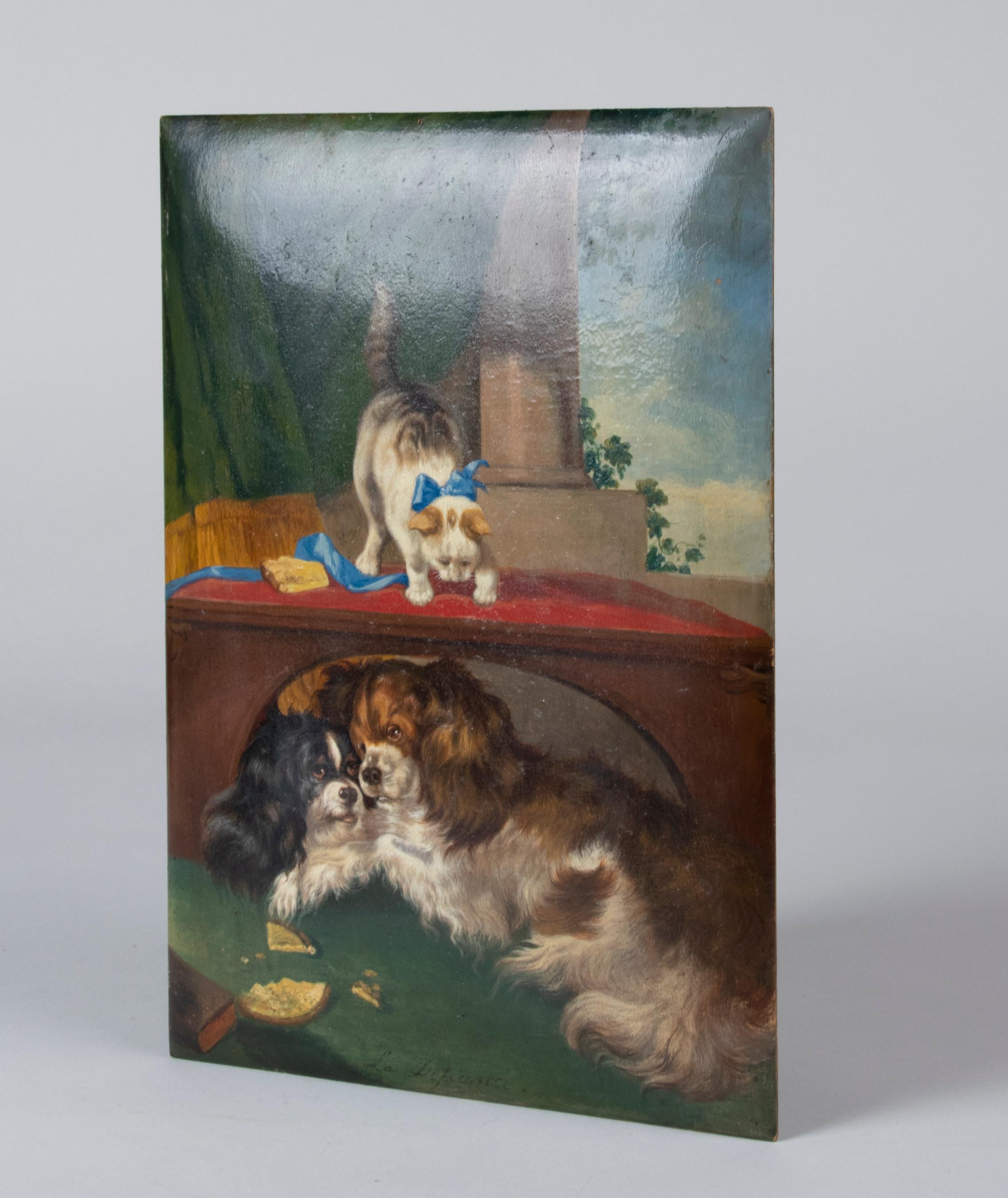19th Century Oil Painting Cavalier King Charles Spaniel Dogs and a Cat For Sale 3