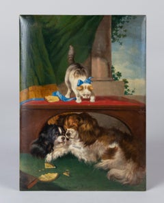Pittura ad olio del XIX secolo Cavalier Charles Spaniel e un gatto