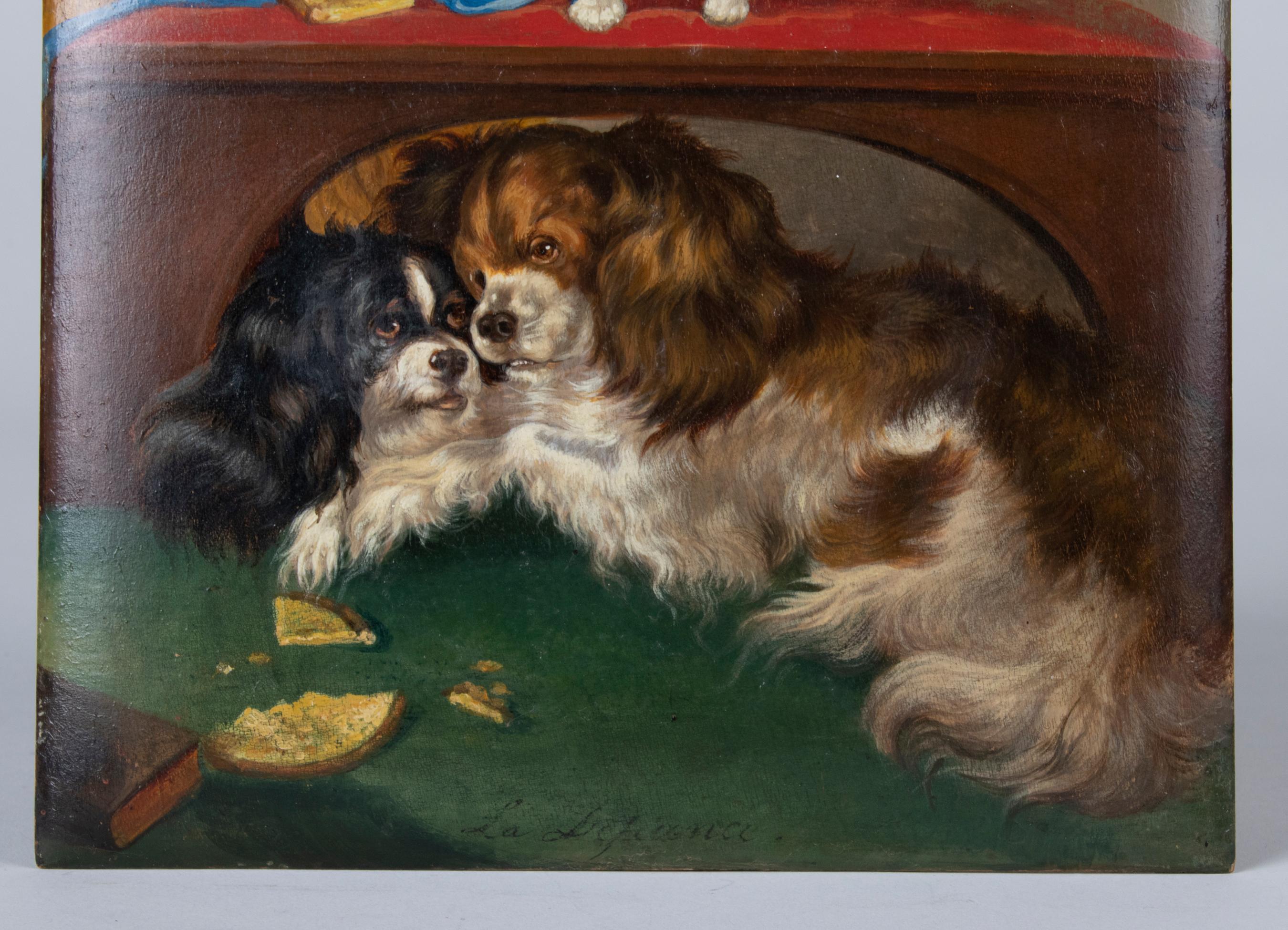Ölgemälde, Cavalier King Charles Spaniel, Hunde und eine Katze, 19. Jahrhundert (Belle Époque) im Angebot