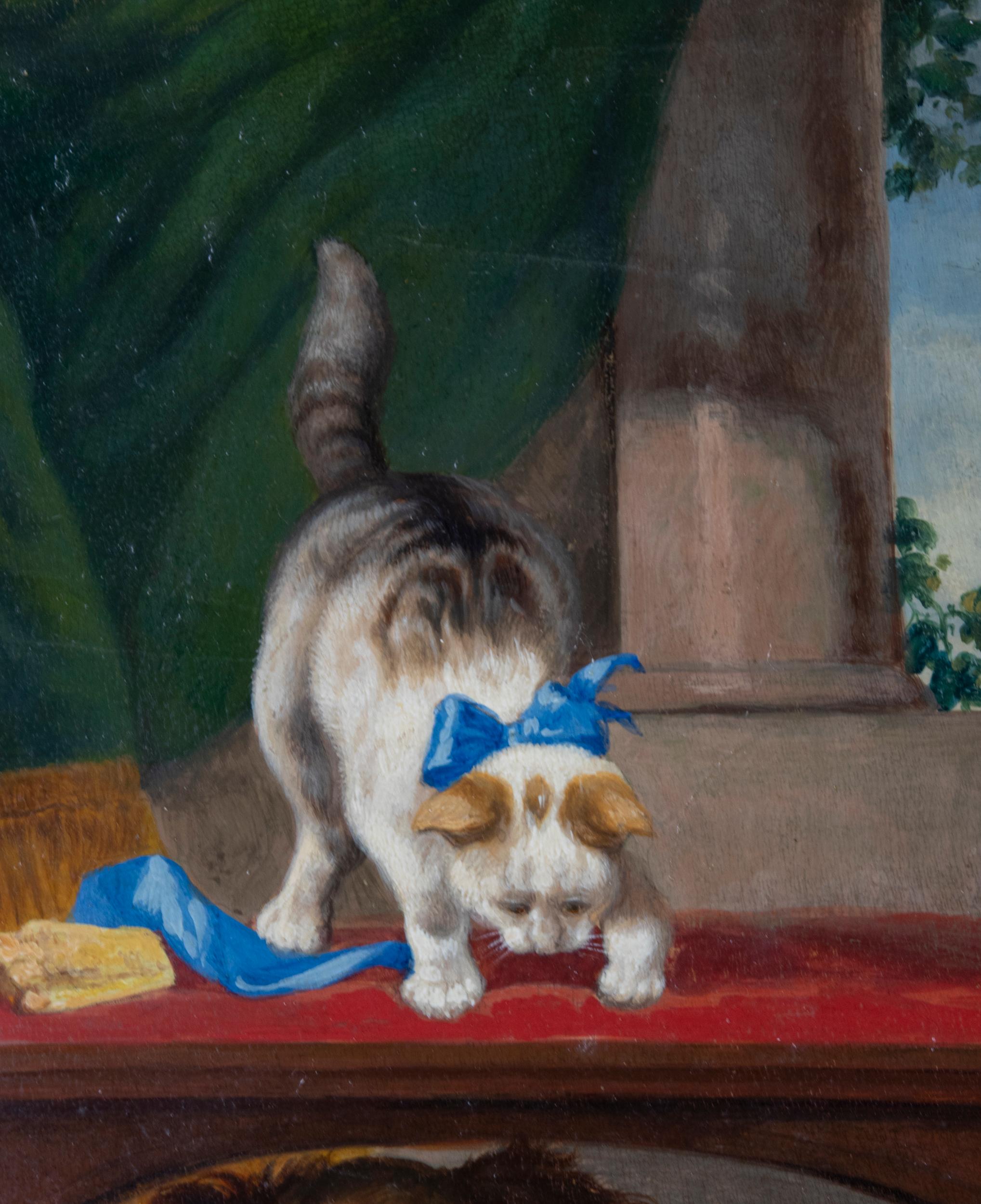 Belle Époque 19th Century Oil Painting Cavalier King Charles Spaniel Dogs and a Cat For Sale