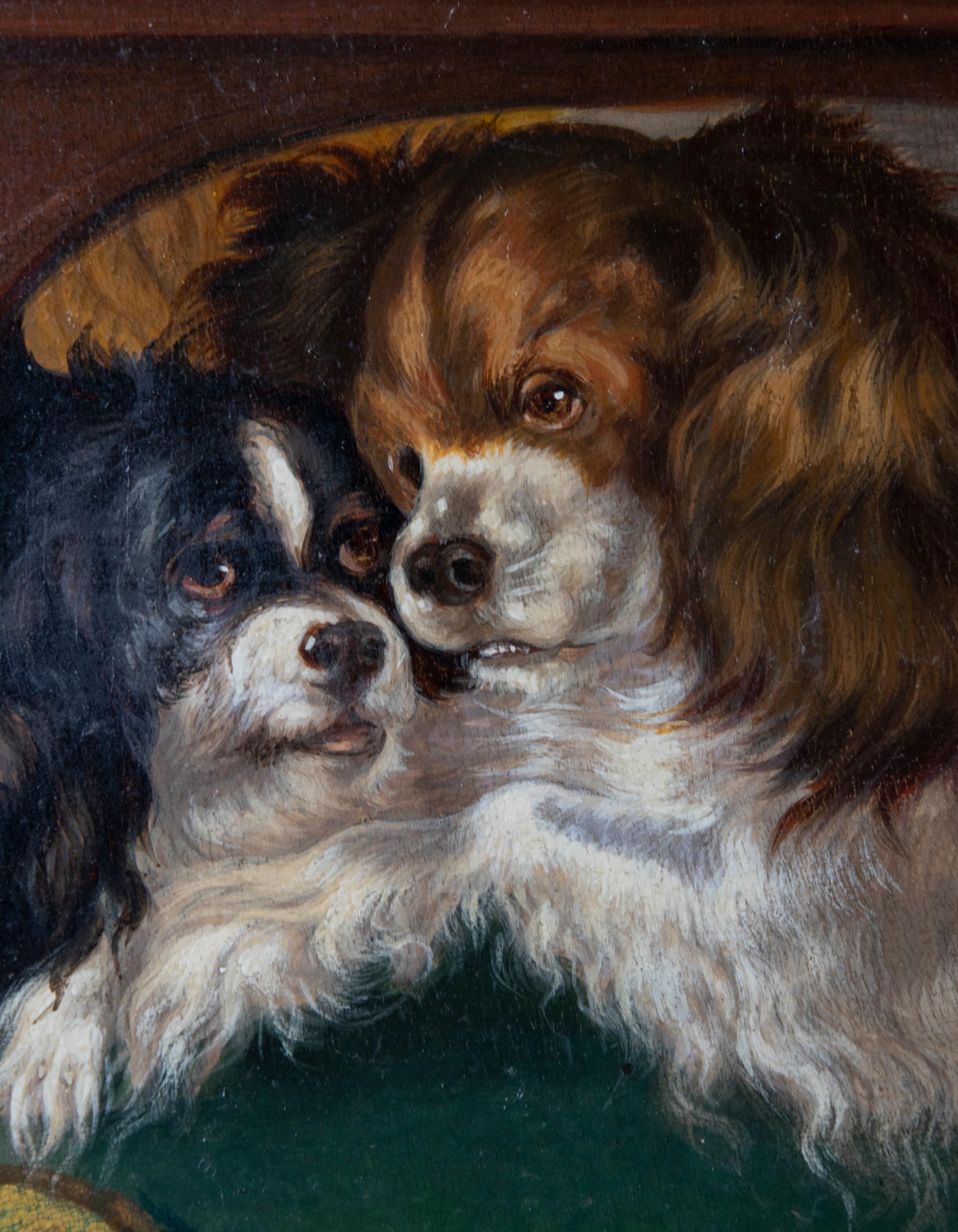 Hand-Painted 19th Century Oil Painting Cavalier King Charles Spaniel Dogs and a Cat For Sale