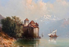 19th Century Oil Painting Chateau Chillon Lake Geneva, Switzerland
