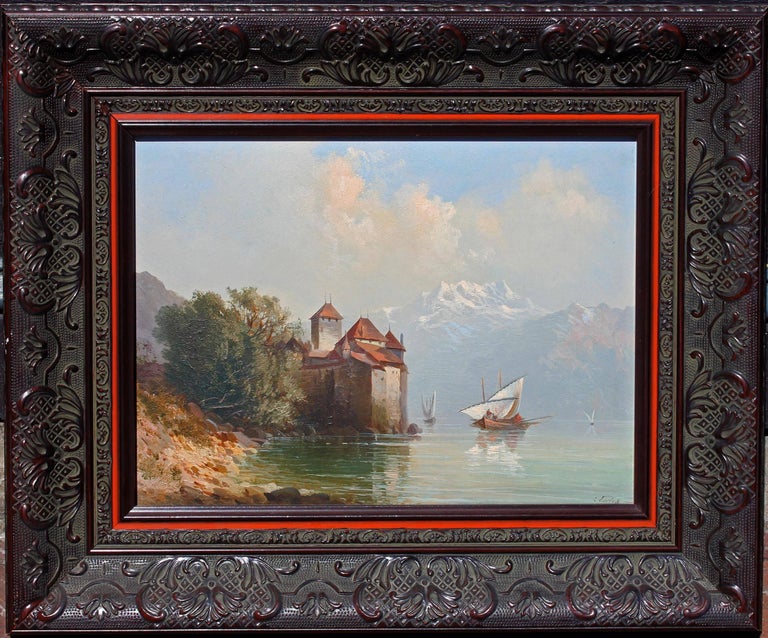 19th Century Oil Painting Chateau Chillon Lake Geneva, Switzerland at