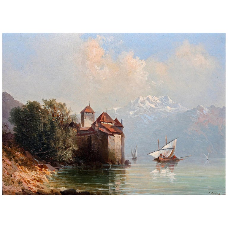 19th Century Oil Painting Chateau Chillon Lake Geneva, Switzerland at