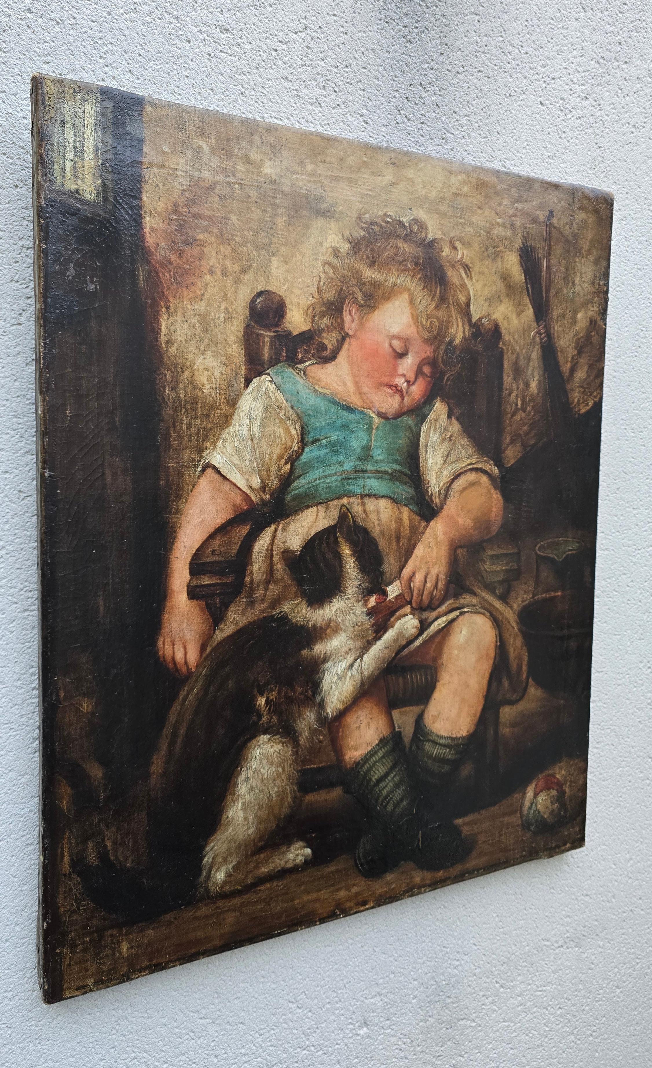 19th-Century Oil Painting – Child with Cat

A beautiful and atmospheric oil painting on canvas, likely from the 19th century. This charming artwork captures a heartwarming scene of a young boy peacefully asleep in a chair, still holding a piece of