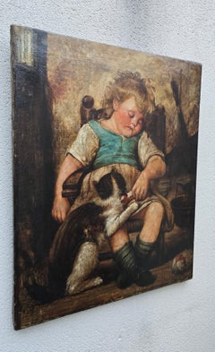 19th-Century Oil Painting – Child with Cat