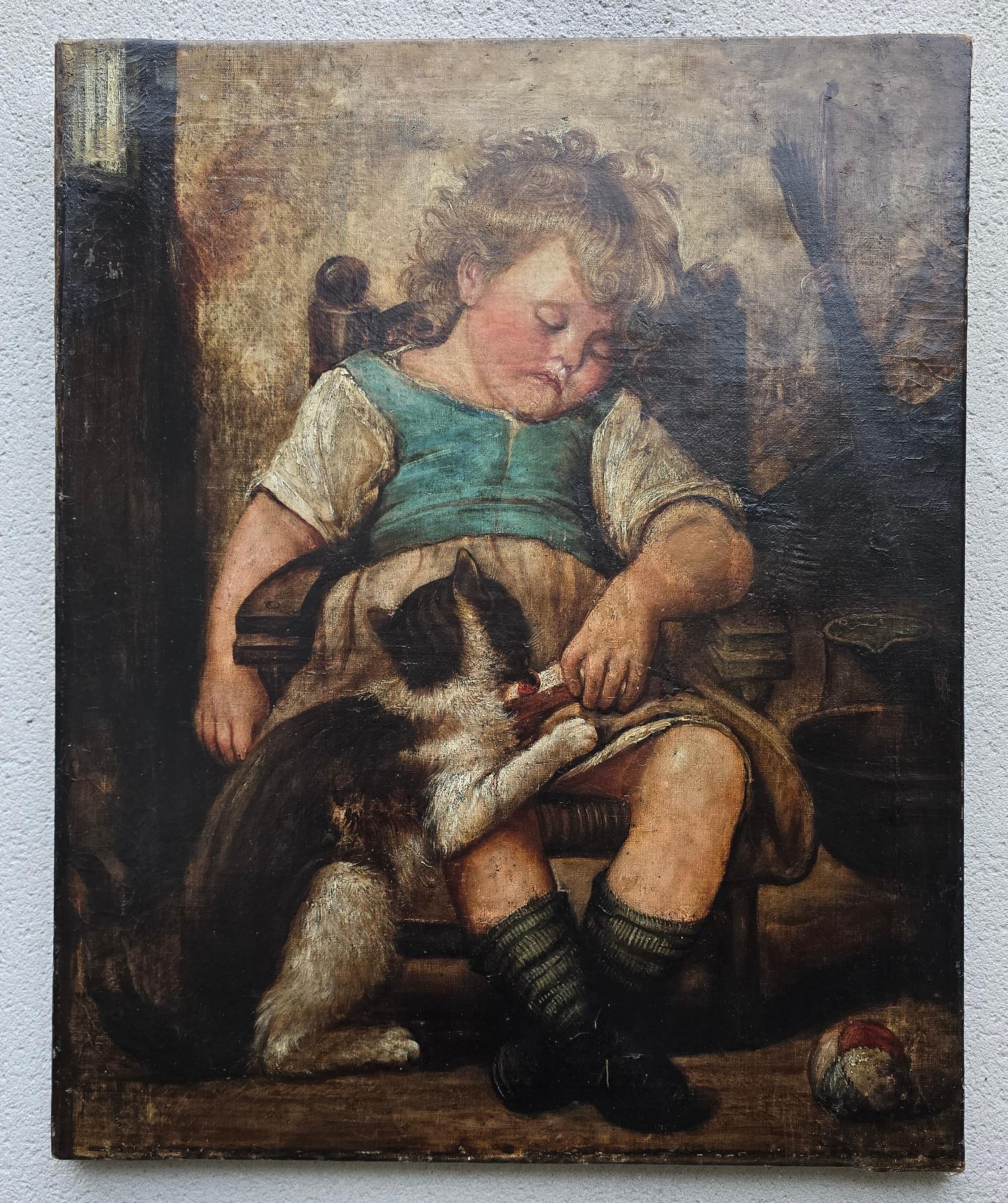 European 19th-Century Oil Painting – Child with Cat For Sale