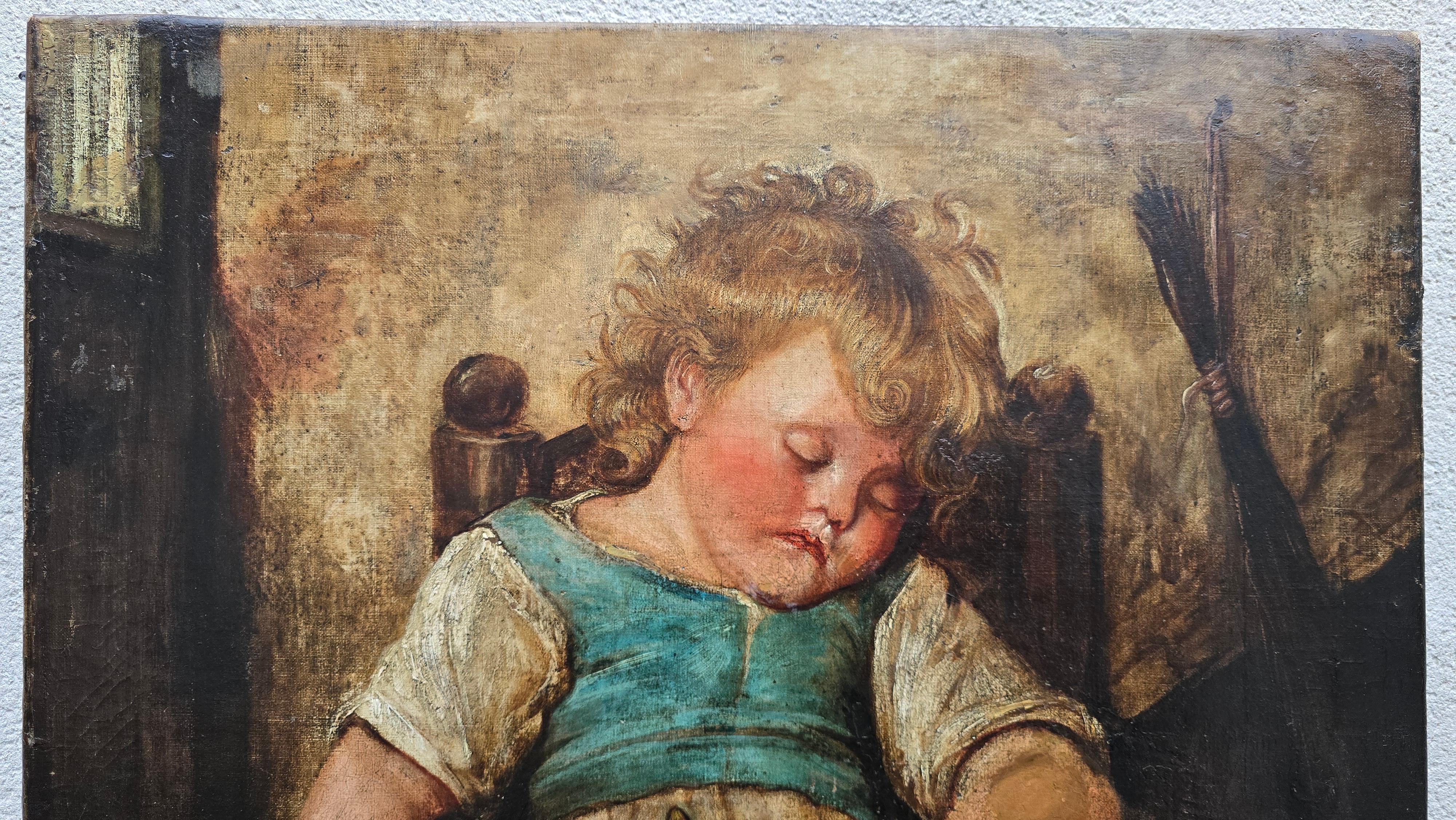Hand-Painted 19th-Century Oil Painting – Child with Cat For Sale