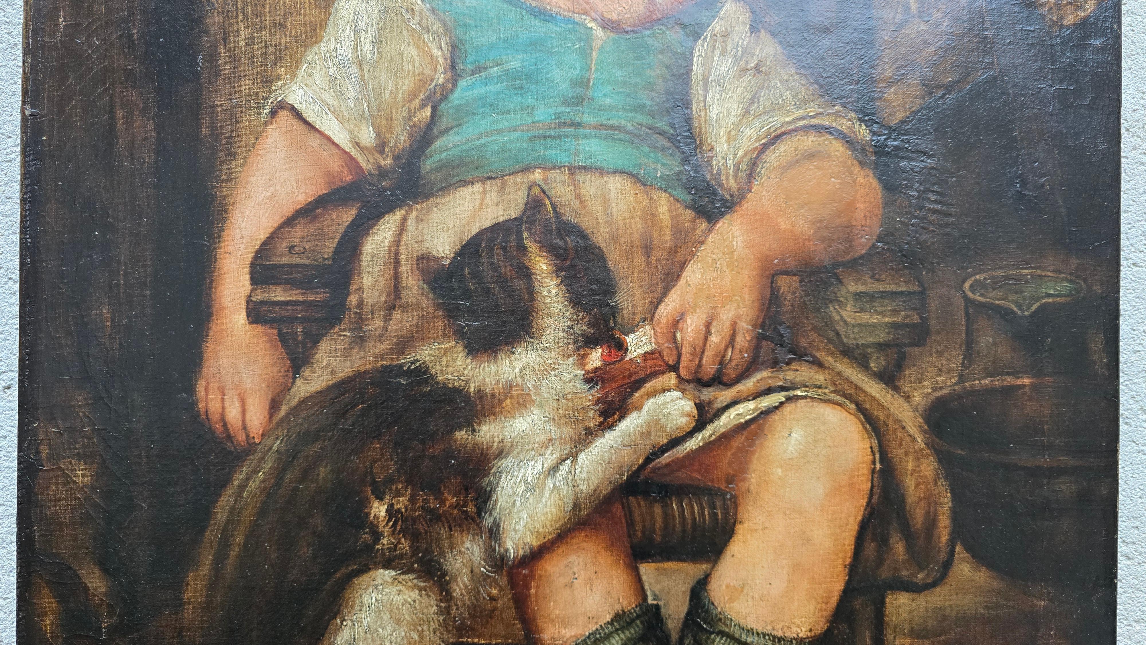 19th-Century Oil Painting – Child with Cat In Good Condition For Sale In Antwerp, BE
