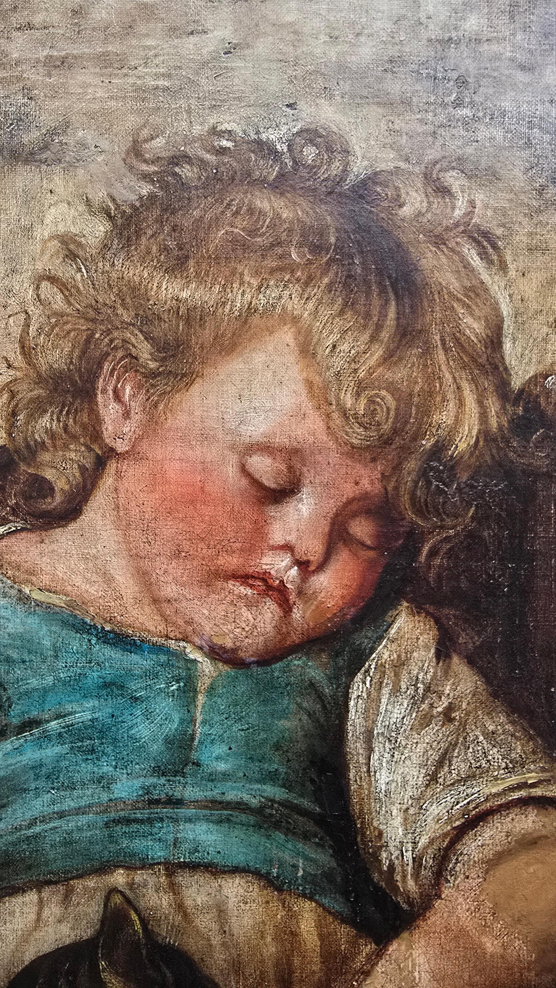Canvas 19th-Century Oil Painting – Child with Cat For Sale