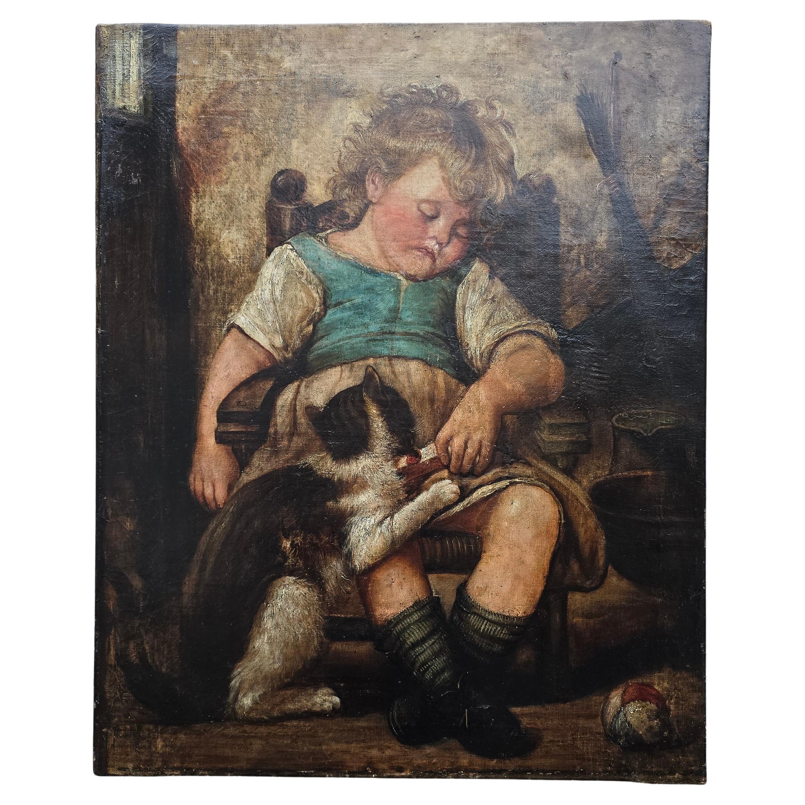 19th-Century Oil Painting – Child with Cat