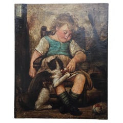19th-Century Oil Painting – Child with Cat