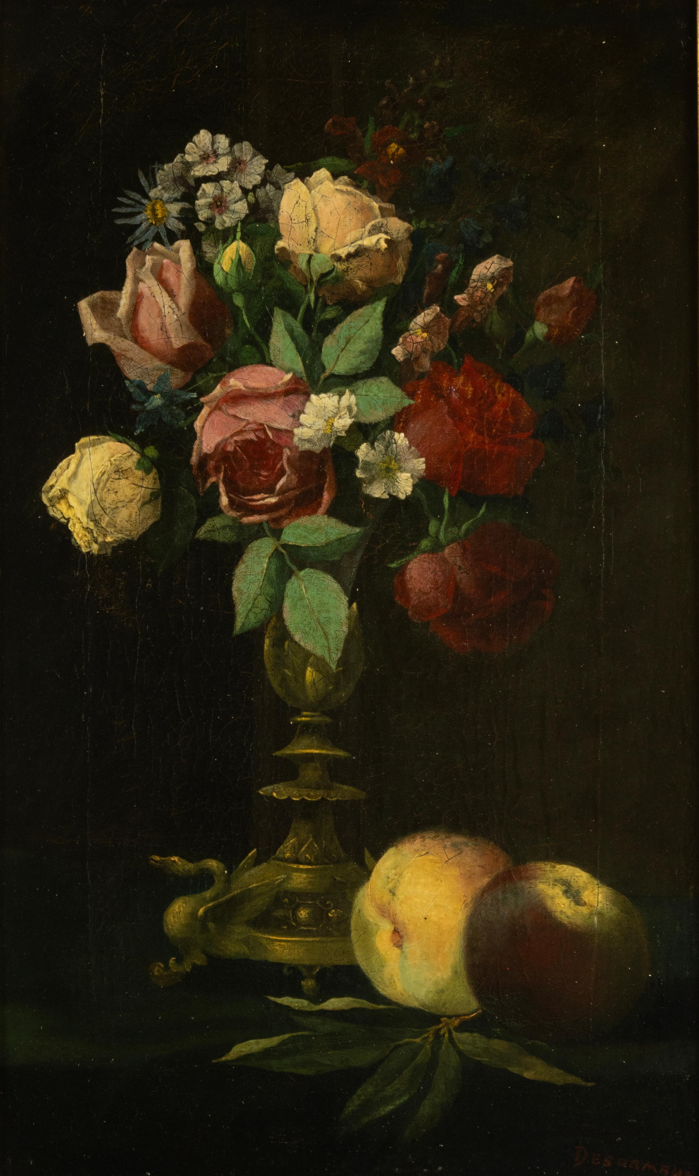 A beautiful antique painting, a flower still life with roses against a dark background.
On the back is an old label, which states that the painting was possibly made by a painter named Desormaux, but the name could also be Desormeauix or