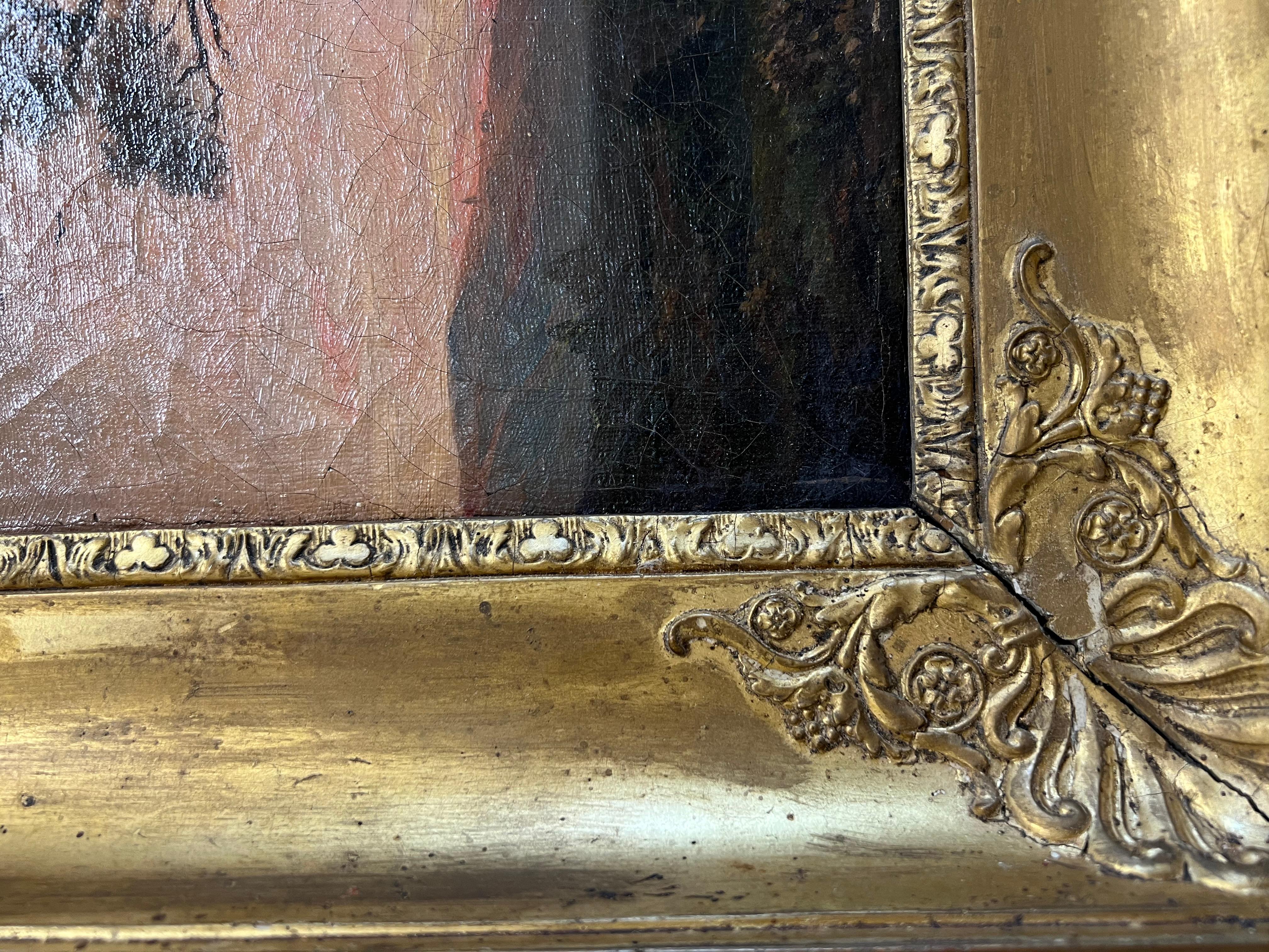 This lovely antique oil scene at dusk would make such a lovely addition to your home or office. The antique gold frame is original and features many beautiful and ornate details.
