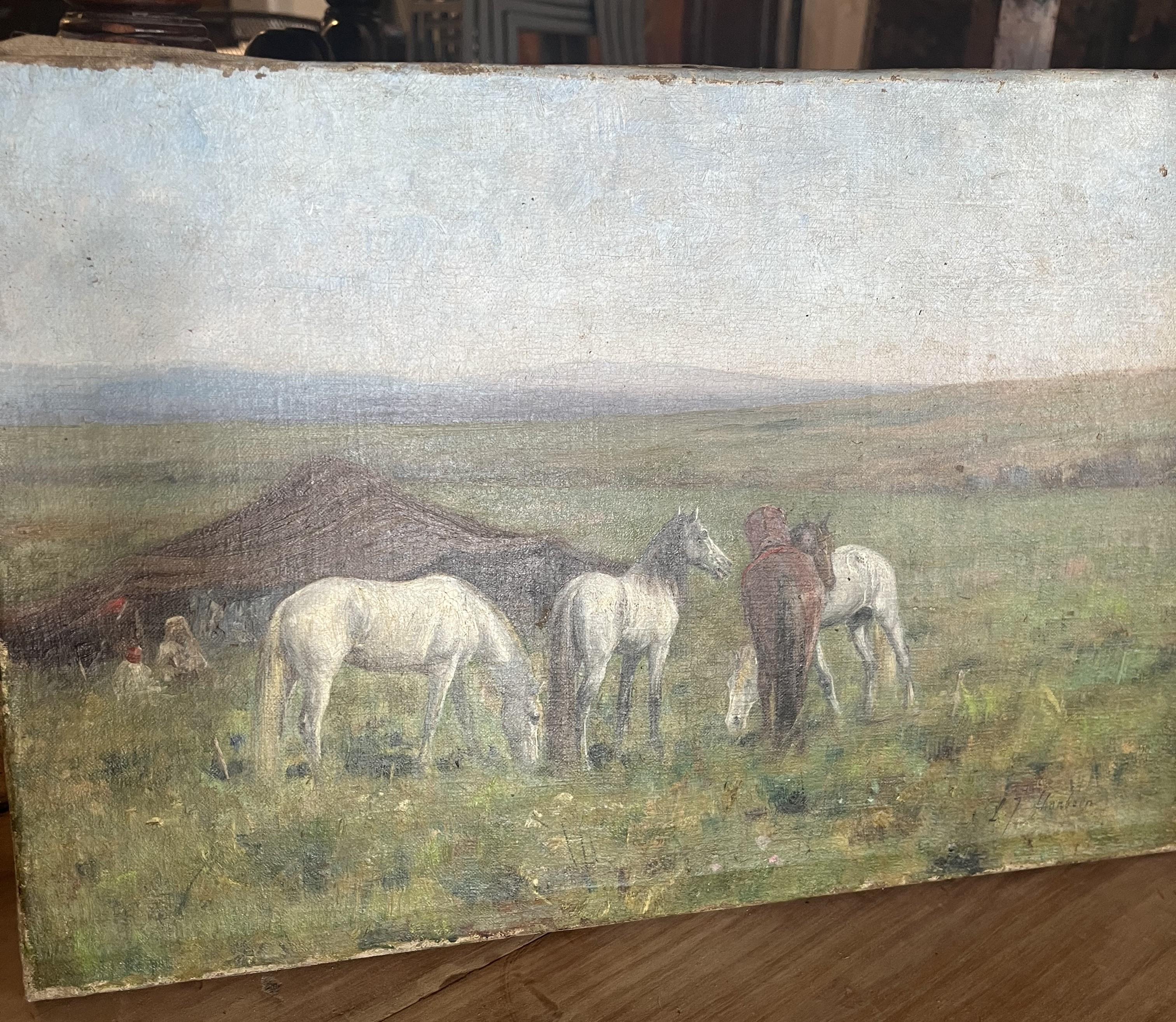 19th Century Oil On Canvas painting depicting an orientalist landscape with horses by John Louis Shonborn (1852 - 1931).  Shonborn, an Iowa native who trained in France, was known for his equestrian art.  Beautiful. 