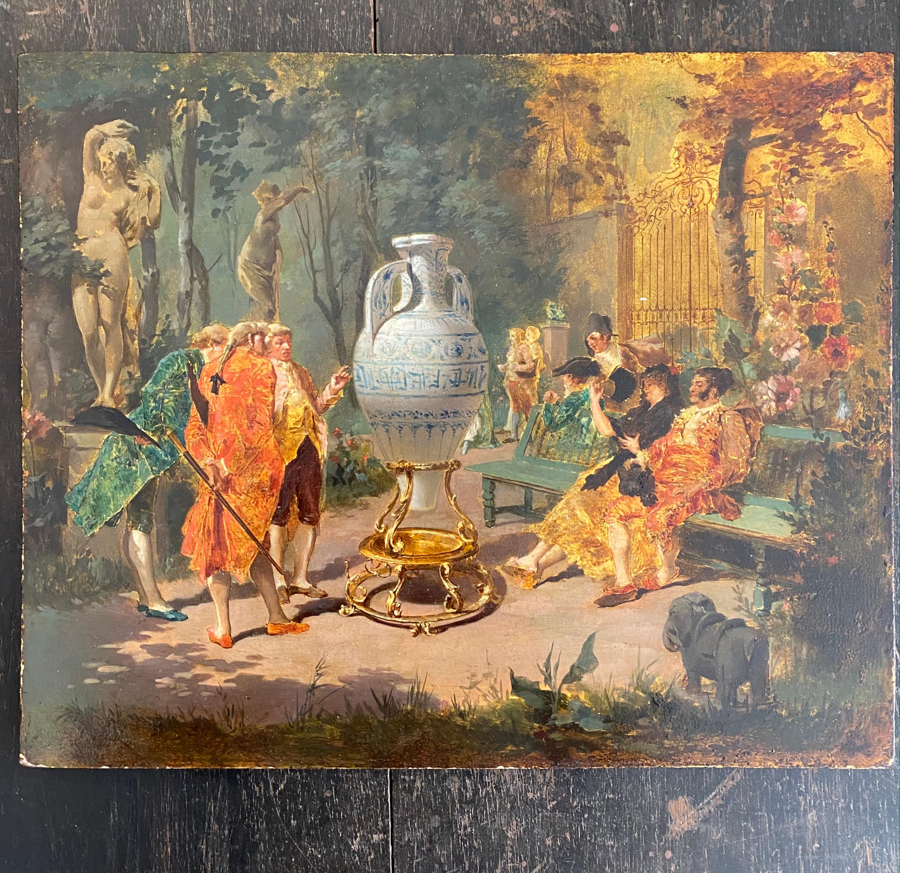 Eugène Millet expose au Salon de Paris, à partir de 1866, des scènes de genre et des natures mortes. Il est probablement l'artiste à qui la manufacture Vieillard a demandé les splendides modèles du service des grands oiseaux. Notre scène historique,