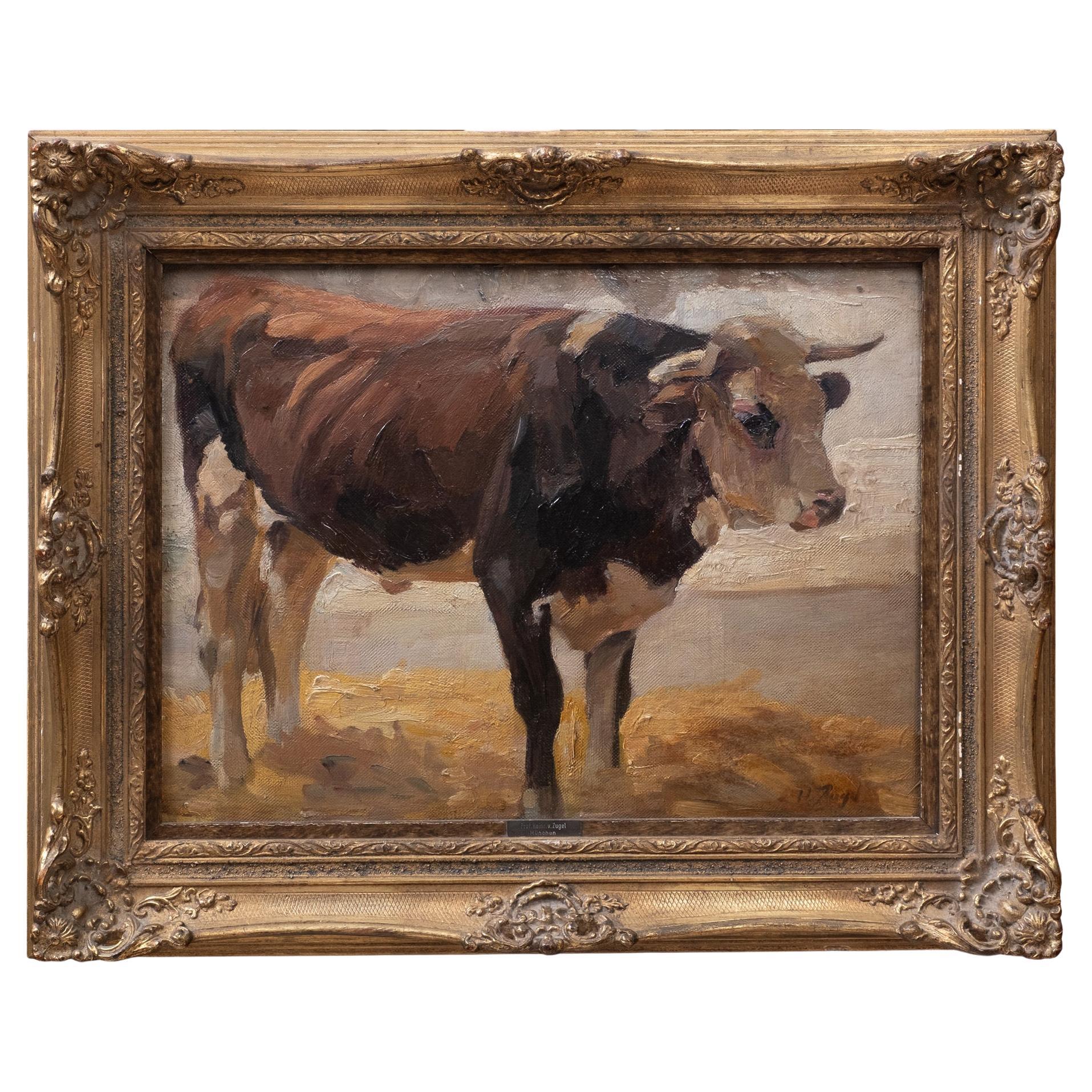 19th Century Oil Painting Heinrich von Zügel "Bull" around 1910