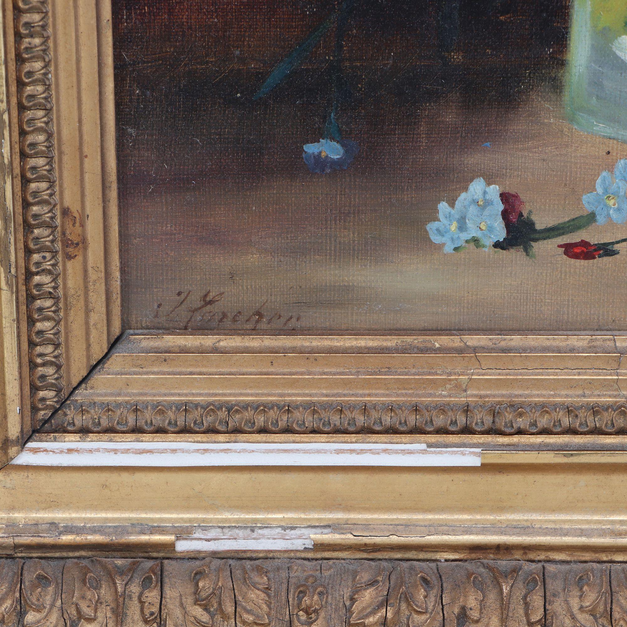 Canvas 19th Century Oil Painting - Jules Larcher French Still Life of Forget-Me-Nots For Sale