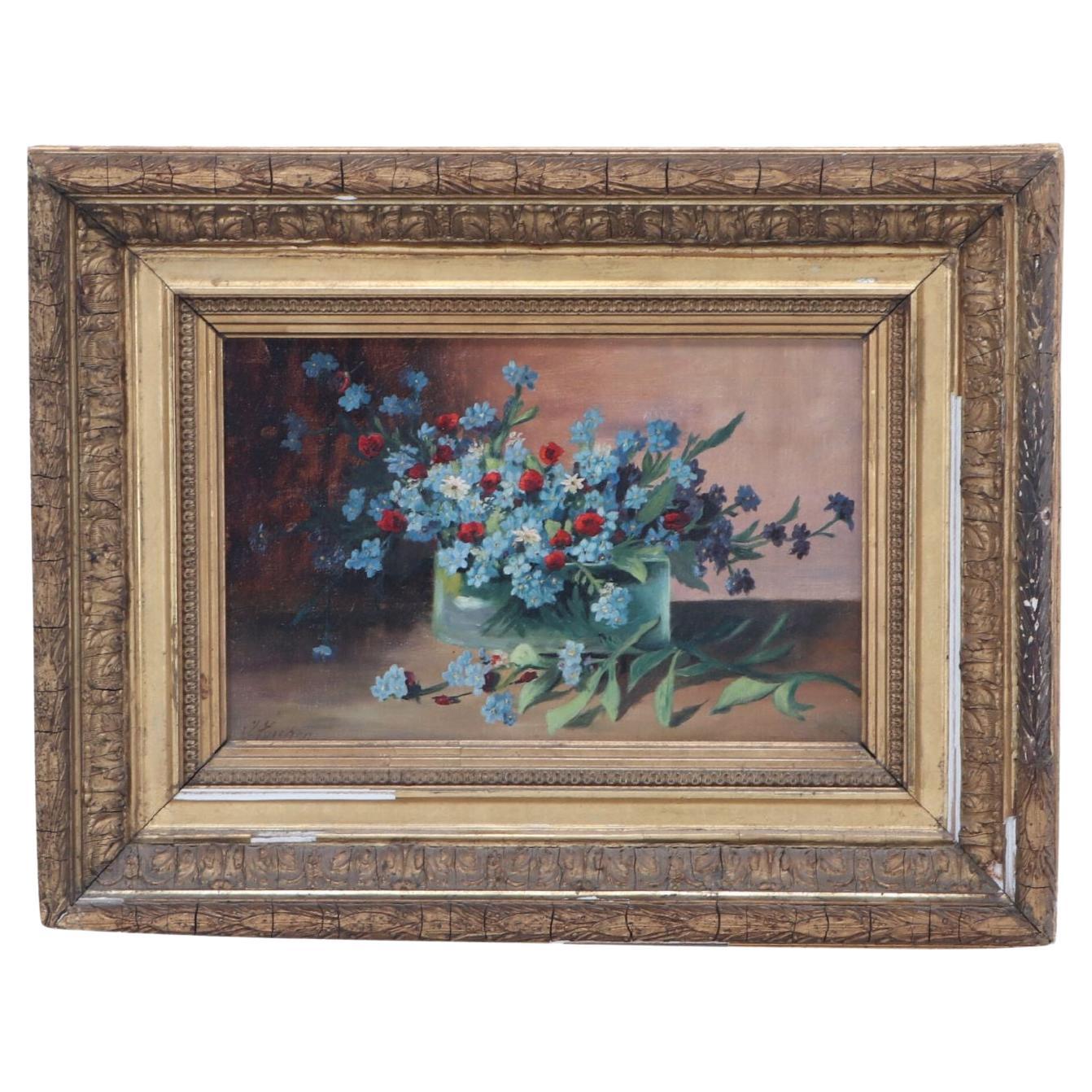 19th Century Oil Painting - Jules Larcher French Still Life of Forget-Me-Nots For Sale