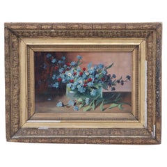 Peinture à l'huile du 19ème siècle - Jules Larcher Nature morte aux myosotis