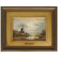 19th Century Oil Painting Landscape by Henri Maes with a Windmill
