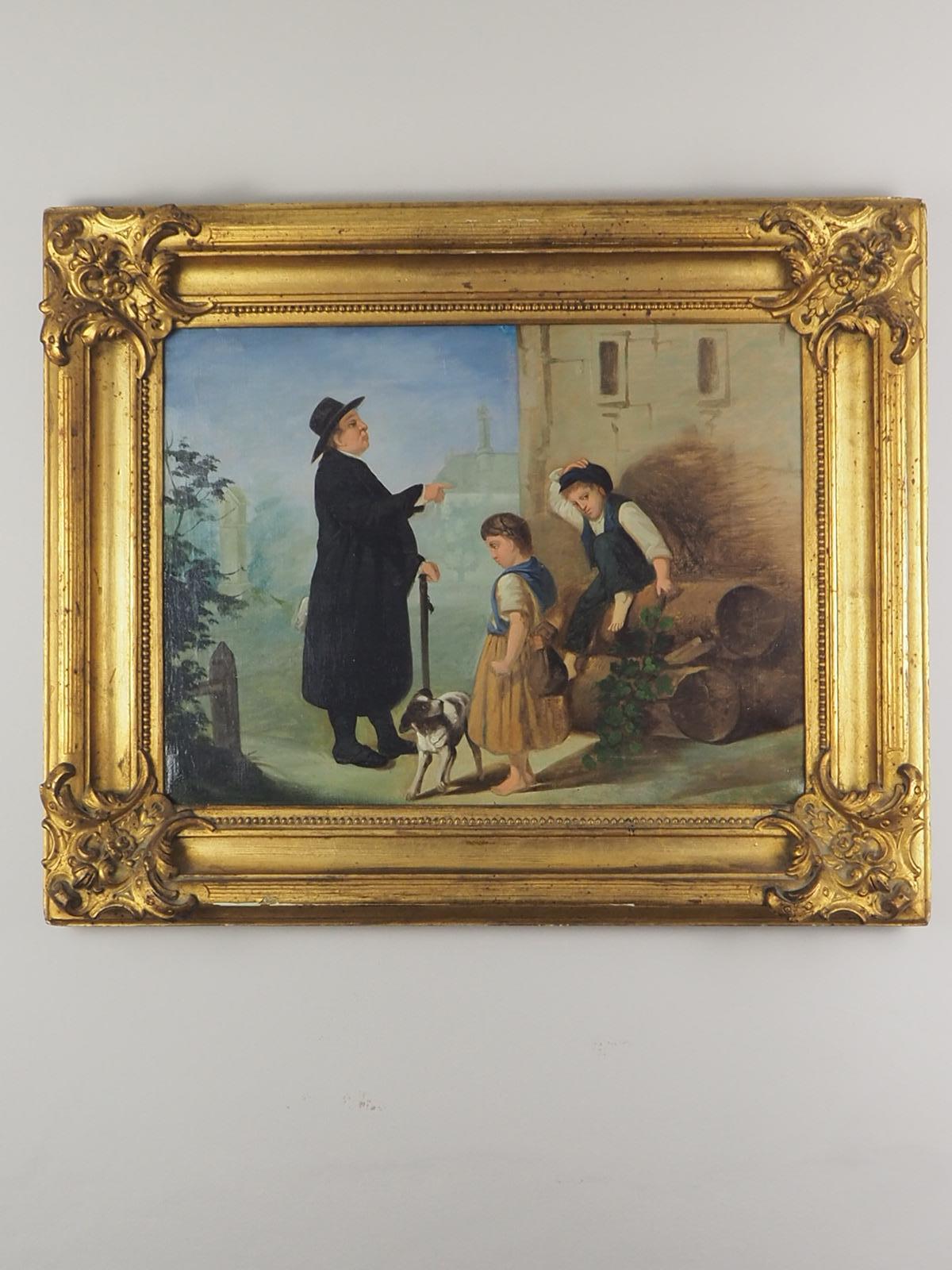 19th Century Oil Painting “Lessons to be Learnt”

Signed by “K 87” (1887)

Framed in a highly decorative classical frame

Continental scene depicting a stern schoolmaster lambasting two pupils, with a rather anxious dog completing this delightful