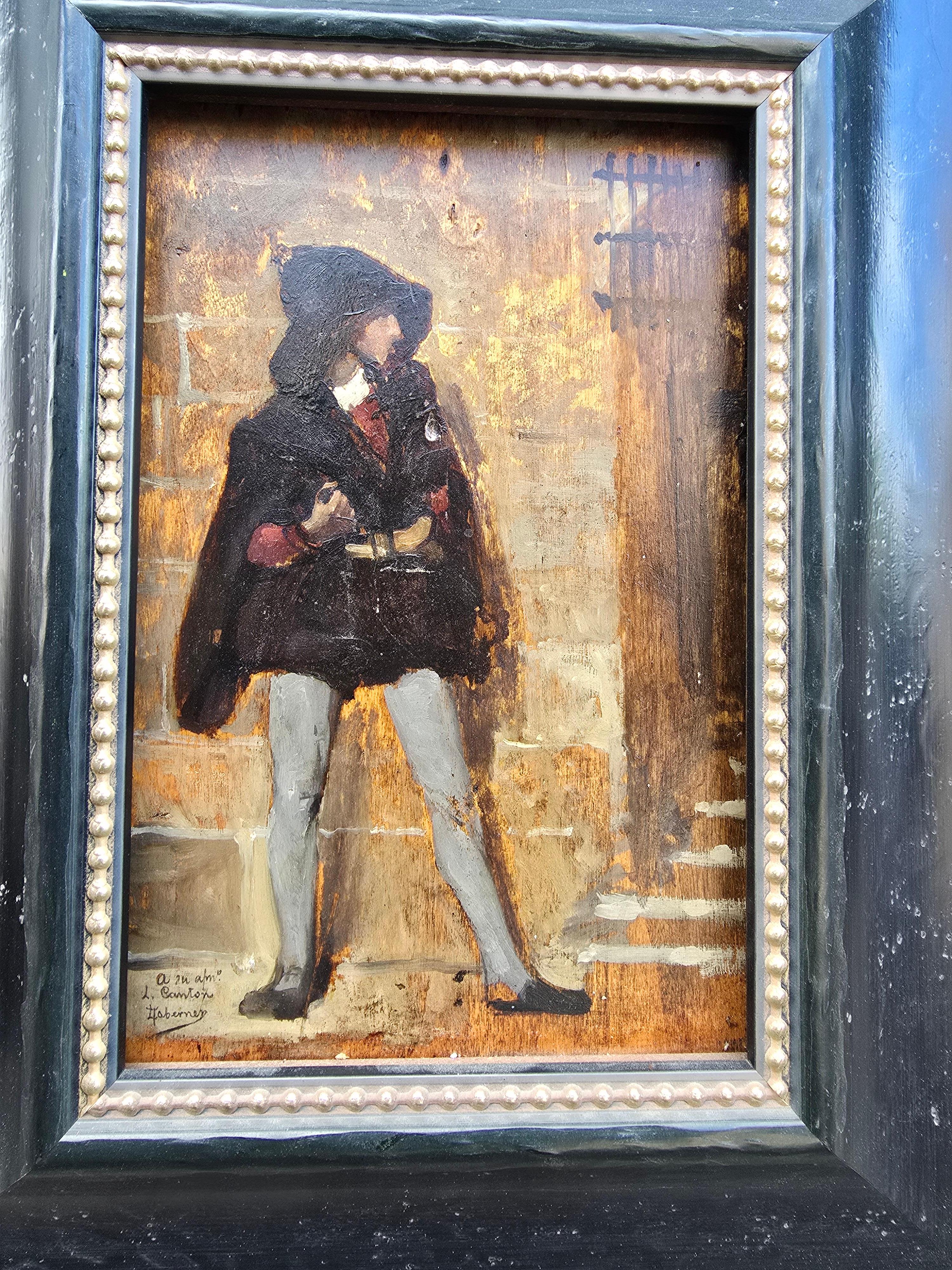 Une fascinante et rare peinture de genre historique, exécutée à l'huile sur toile et signée par l'artiste espagnol Luis Taberner y Montalvo. La composition dépeint une scène dramatique du XIXe siècle, évoquant un assassinat ou un acte criminel,