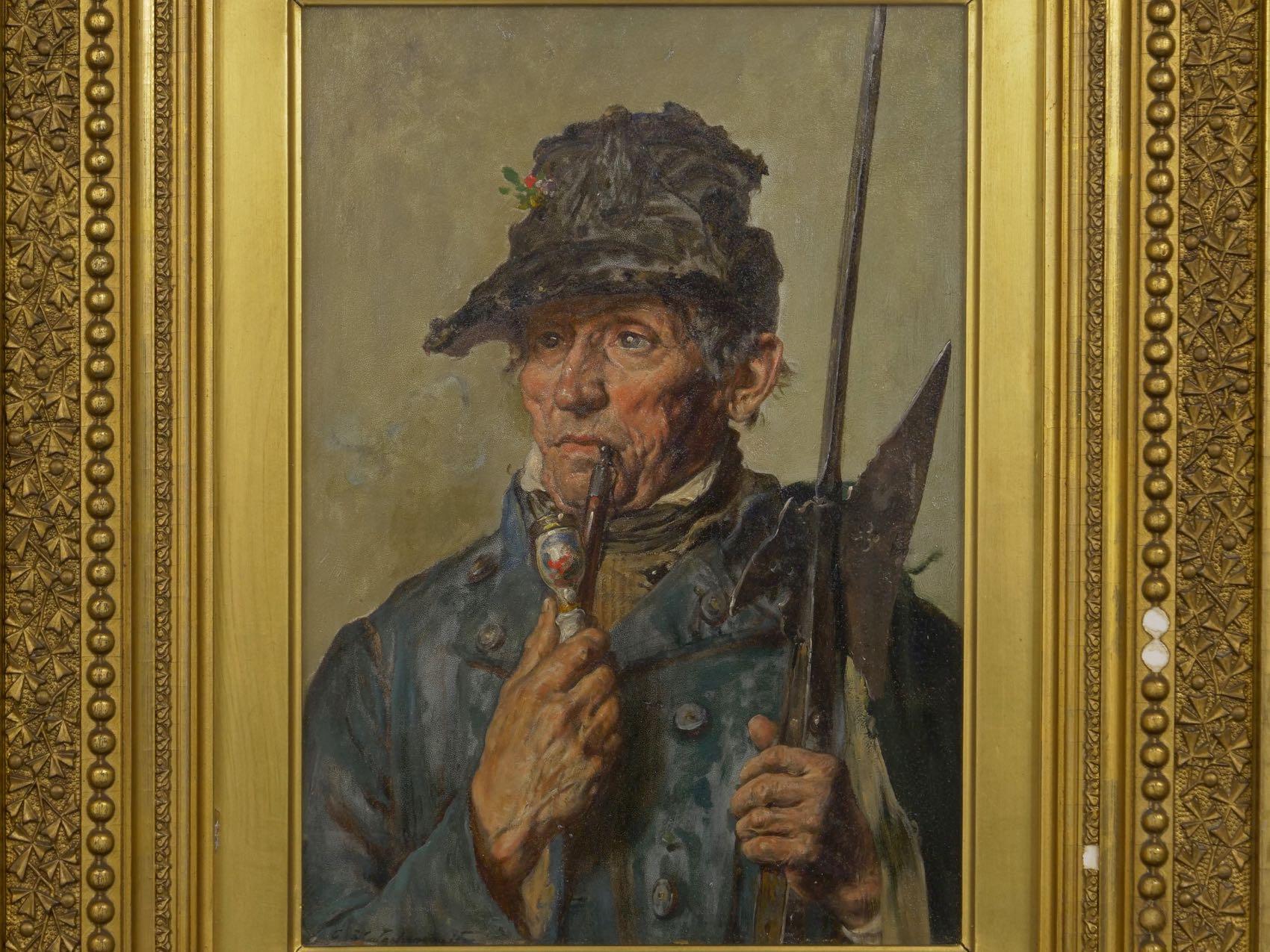 A very finely painted antique portrait painting, the work depicts an aged soldier in a wrinkled and worn charcoal cap and a heavy wool coat puffing on his colorful pipe while looking off into the distance. In his left hand he grasps his halberd