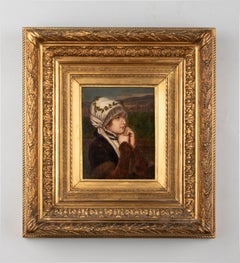 Pintura al óleo del siglo XIX de una muchacha devota en un antiguo paisaje rural