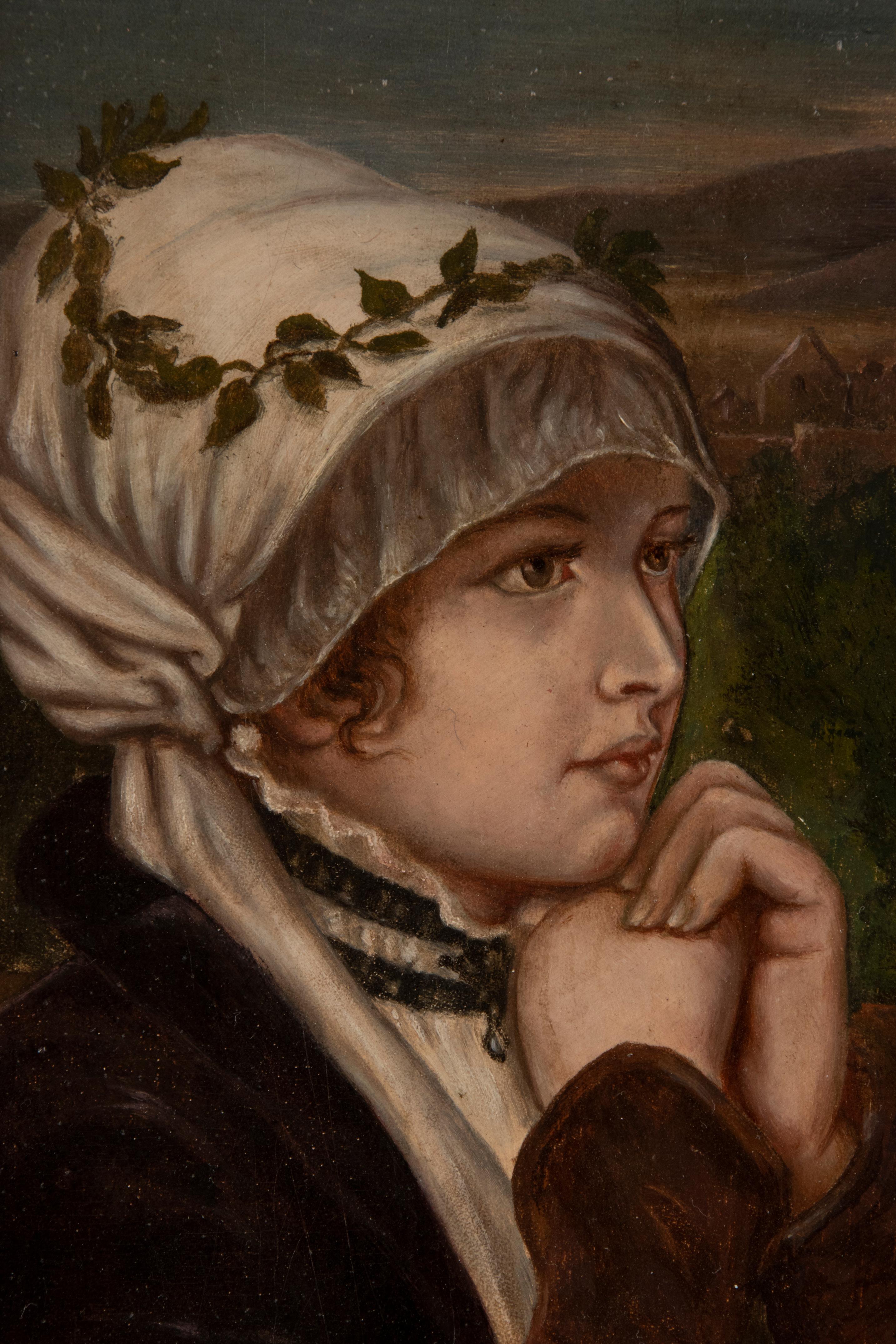 Hand-Painted 19th Century Oil Painting of a Devout Girl in Old Rural Landscape For Sale