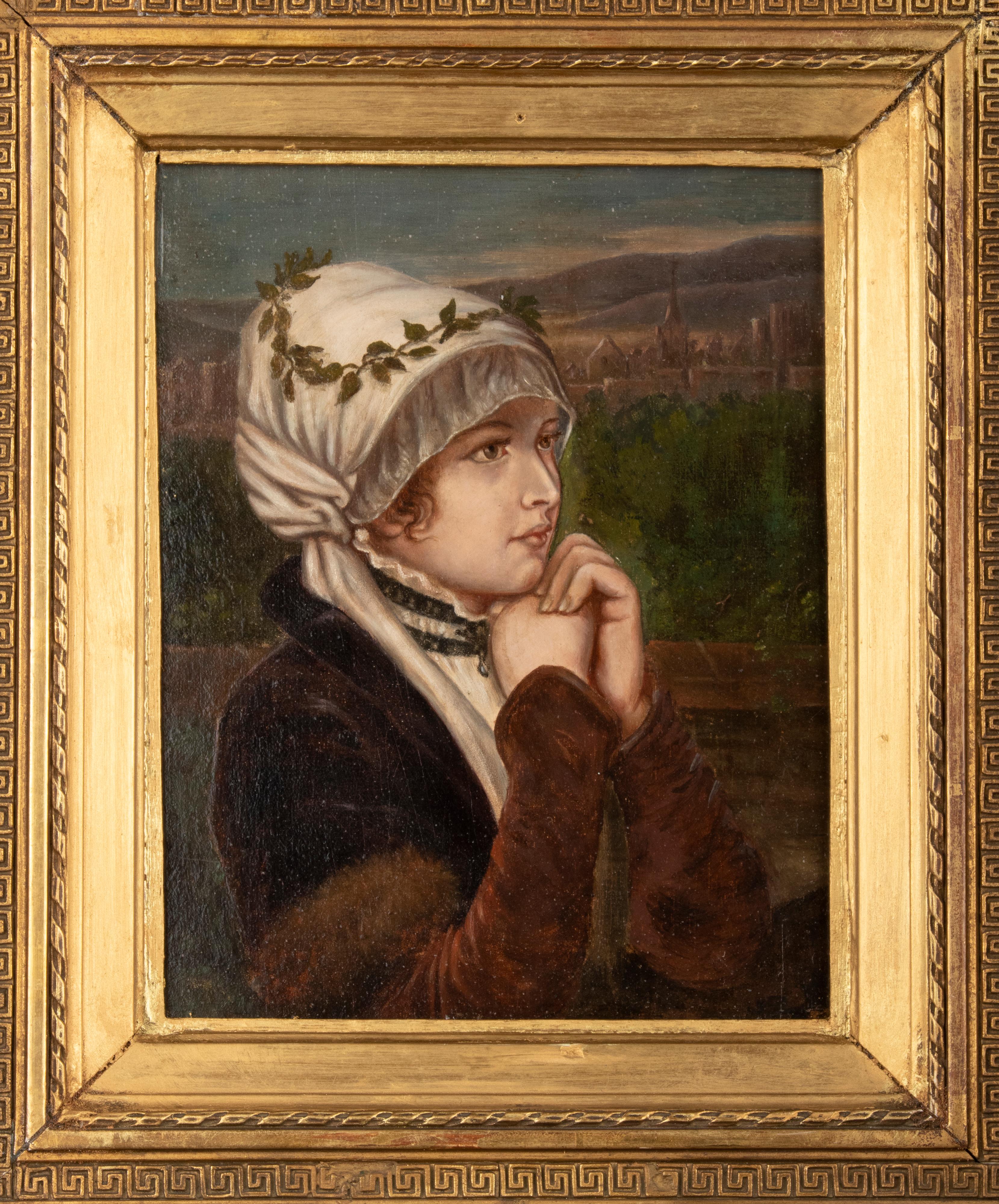 Late 19th Century 19th Century Oil Painting of a Devout Girl in Old Rural Landscape For Sale