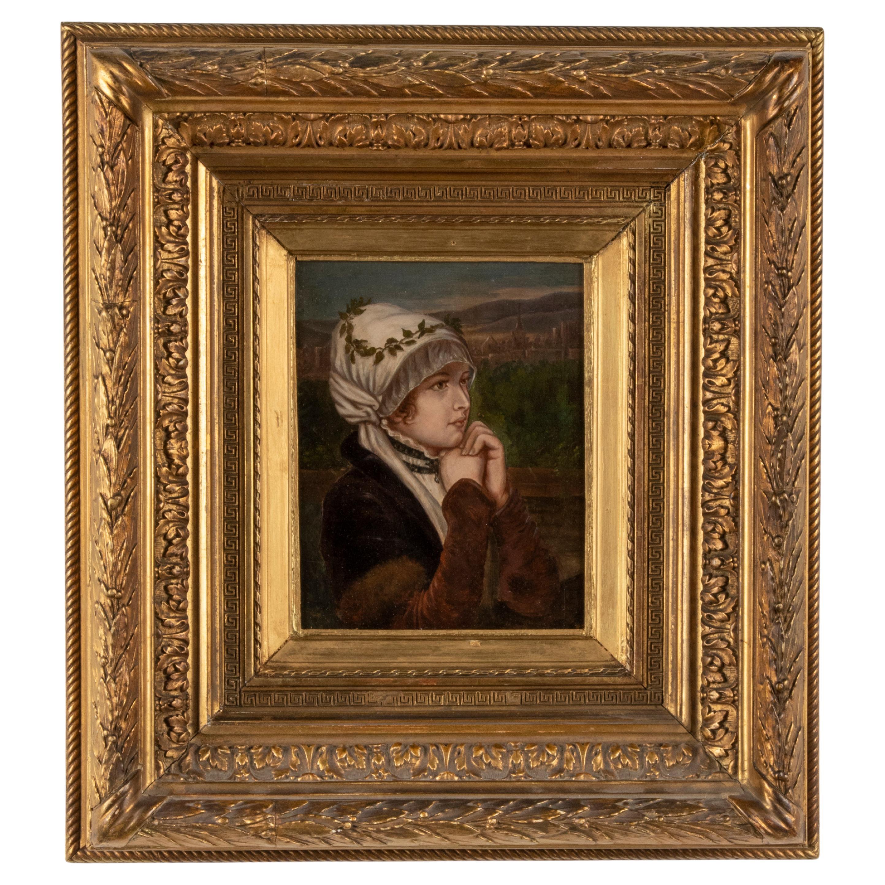 19th Century Oil Painting of a Devout Girl in Old Rural Landscape For Sale