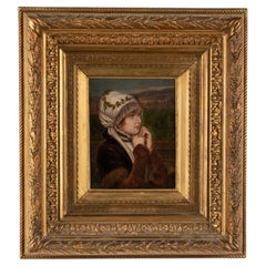 19th Century Oil Painting of a Devout Girl in Old Rural Landscape