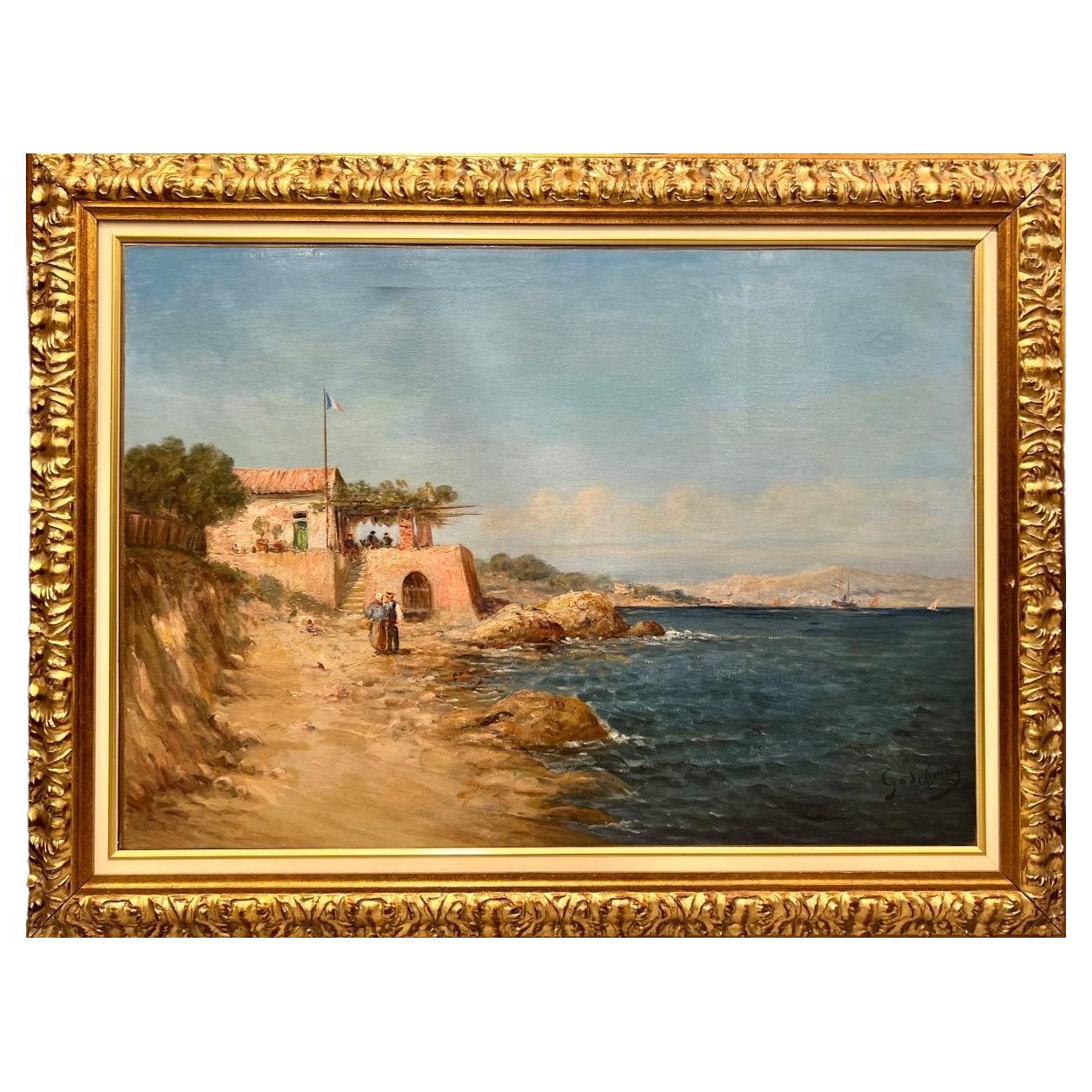 Óleo del siglo XIX de una costa francesa, de Emile Godchaux (1860-1938)