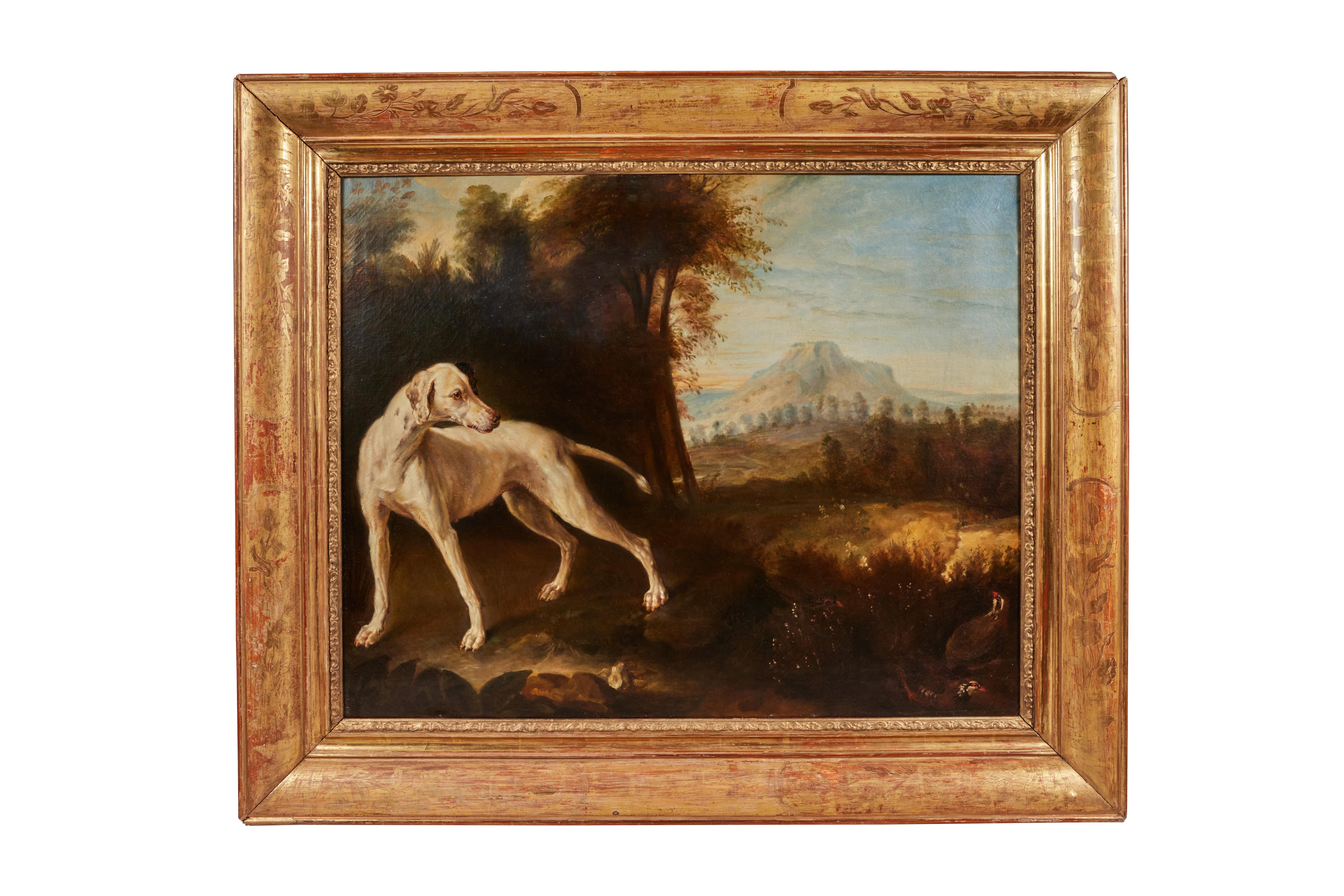 Absolutely sensational c. 1820, English, oil-on-canvas painting of a hound in a bucolic landscape amidst birds and rich vegetation. Exceptional expression. Held in a hand-carved, foliate embellished, period, giltwood frame.