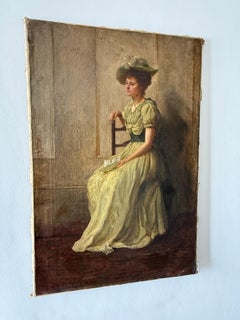 Peinture à l'huile du 19e siècle représentant une dame en robe