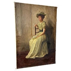 Peinture à l'huile du 19e siècle représentant une dame en robe
