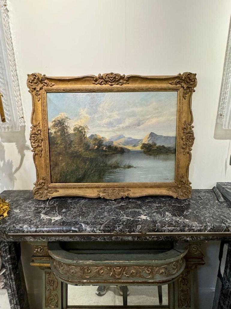 Very fine 19th century English oil painting by artist Walter Lievules. Featuring a tranquil landscape and a river in a beautiful frame. Pretty! Circa 1890.
33.5 w x 26h x 2d