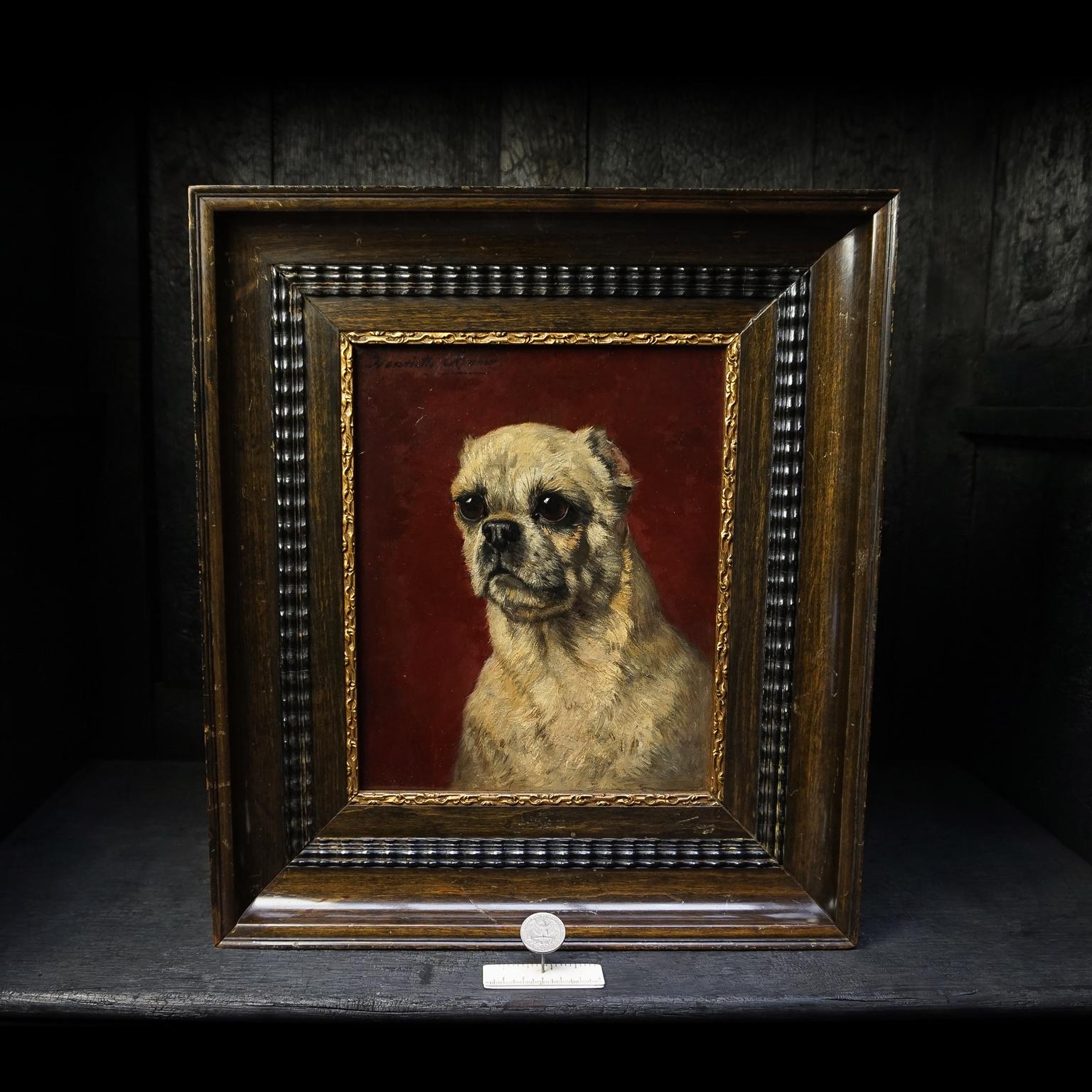 An adorable little oil painting of a pug dog by Dutch Belgium painter Henriëte Ronner-Knip on wooden panel in original frame.

Ronner quickly became famous for her romantic animal studies and paintings, cats and dogs positioned in Romantic interiors