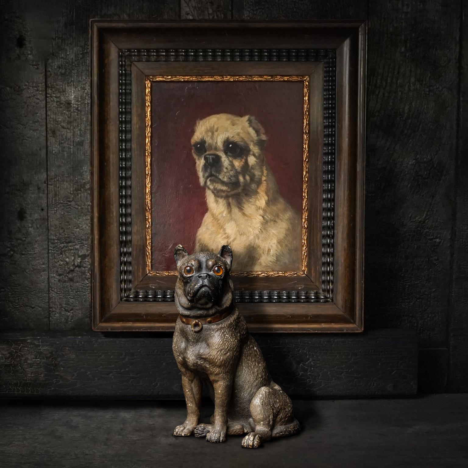19th Century Oil Painting of a Pug Dog by Henriëtte Ronner Knip on Wooden Panel For Sale 1
