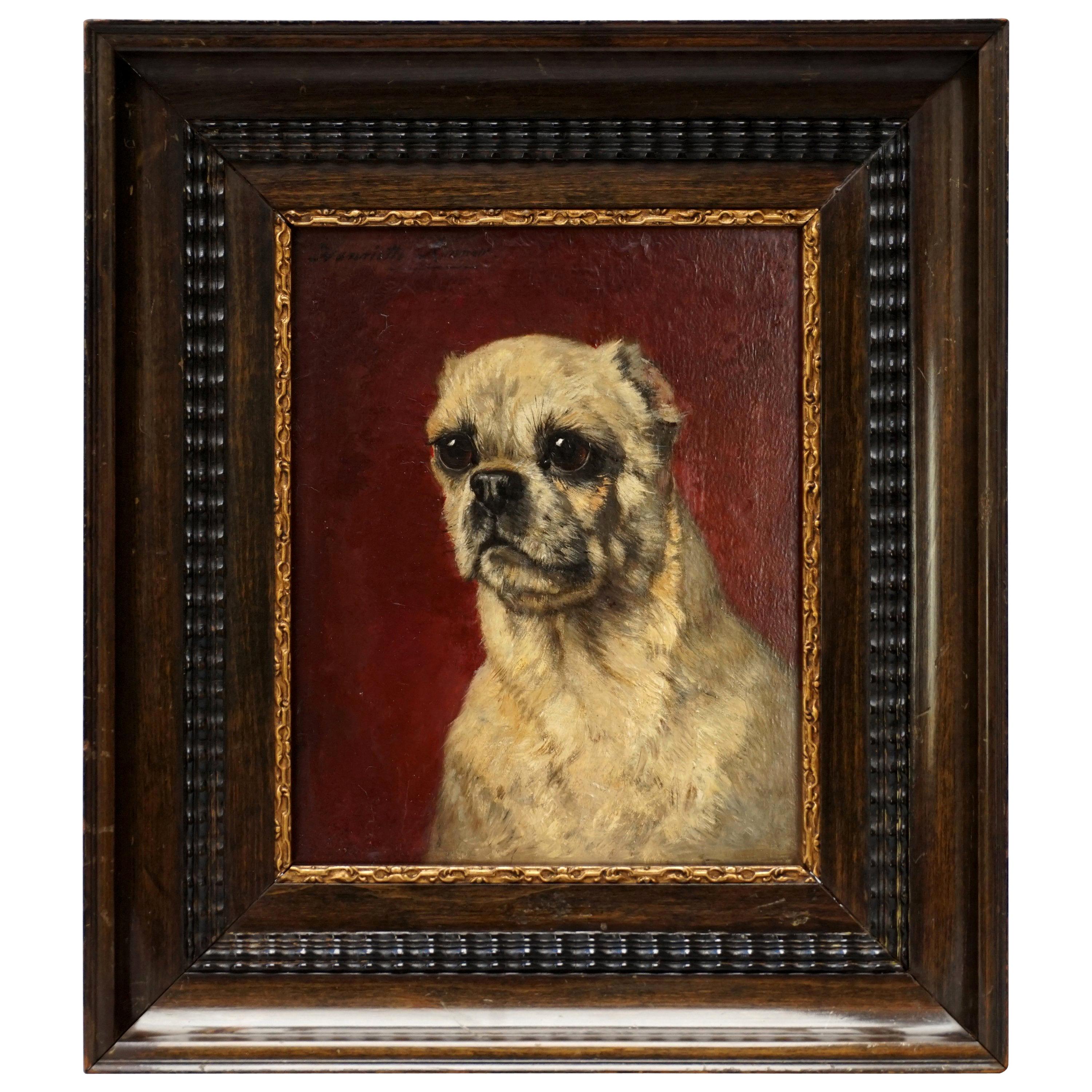 19th Century Oil Painting of a Pug Dog by Henriëtte Ronner Knip on Wooden Panel For Sale